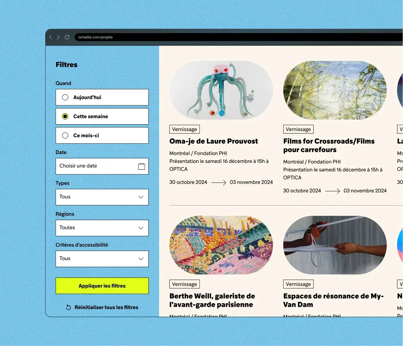 Maquette de la section événements du Réseau Art Actuel