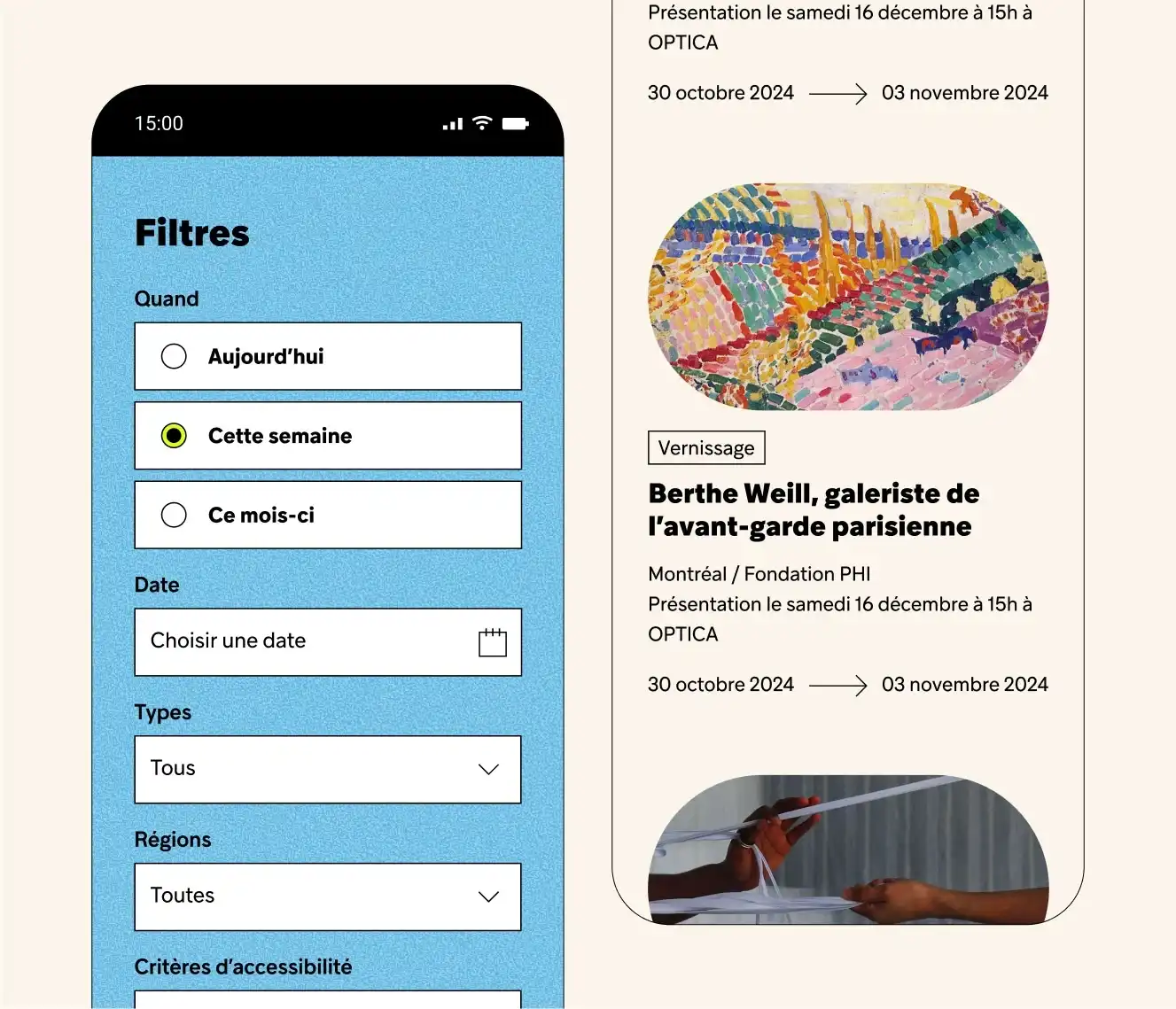 Interfaces mobiles de la section événements du Réseau Art Actuel et ses filtres.