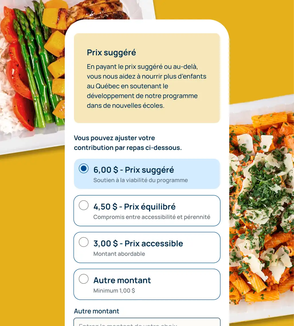 Maquette format mobile présentant les choix de prix suggéré sur la nouvelle plateforme de commande de repas de La Cantine pour tous.