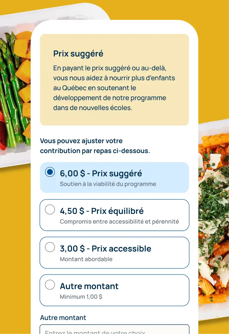 Maquette format mobile présentant les choix de prix suggéré sur la nouvelle plateforme de commande de repas de La Cantine pour tous.