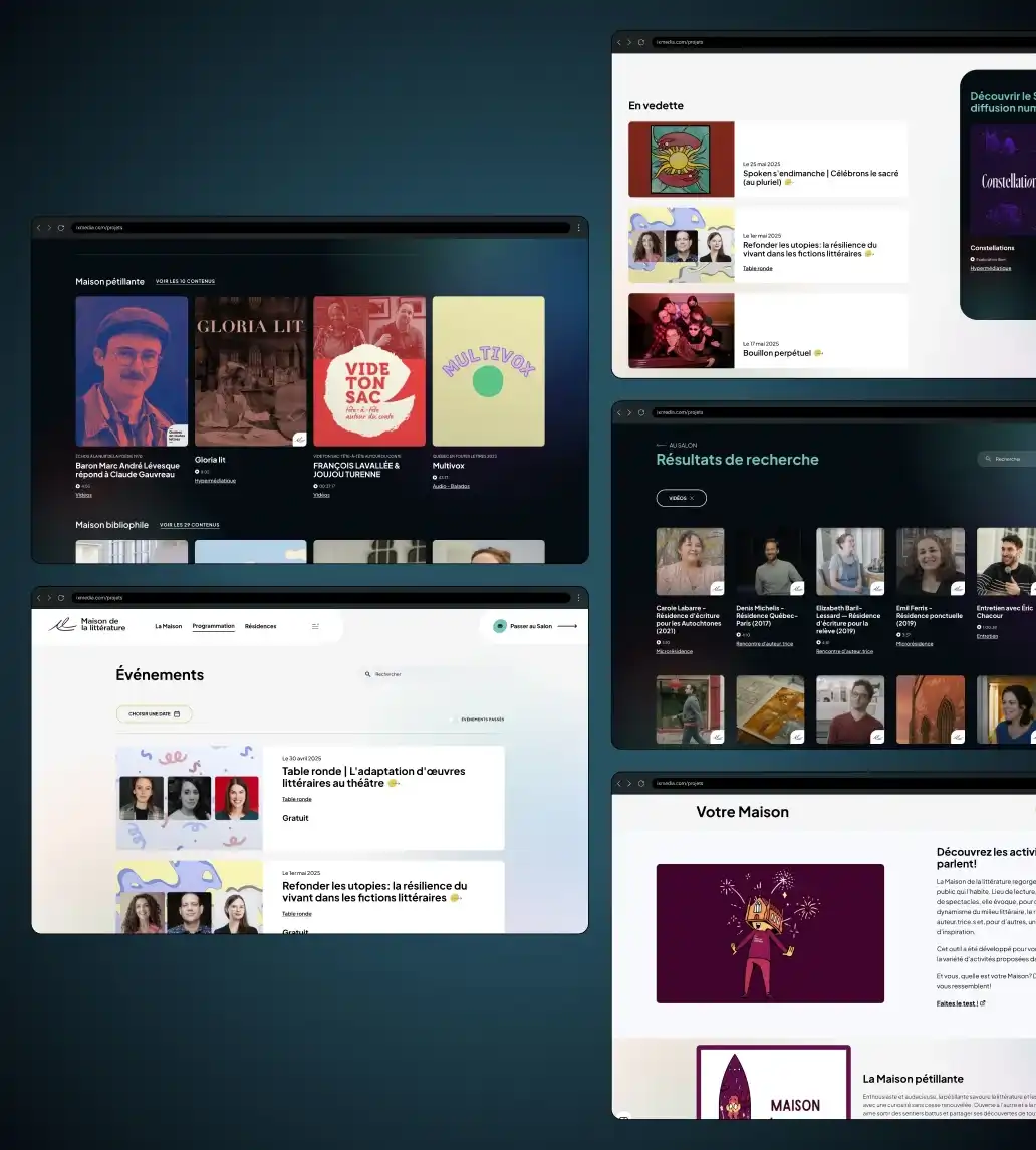 Interfaces montrant le style graphique de plusieurs pages du site de la Maison de la littérature.