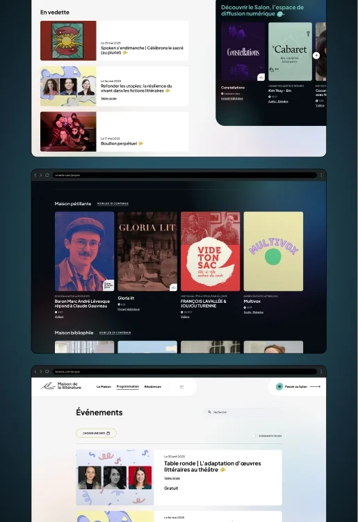 Interfaces montrant le style graphique de plusieurs pages du site de la Maison de la littérature.