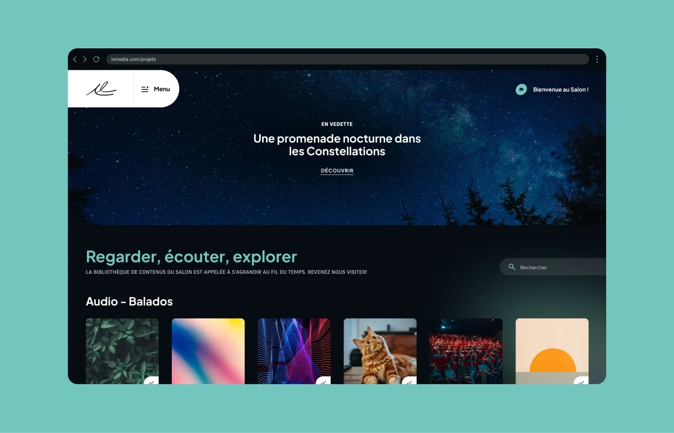 Interface montrant l'accueil sur le site de la Maison de la littérature où on y voit un ciel étoilé.