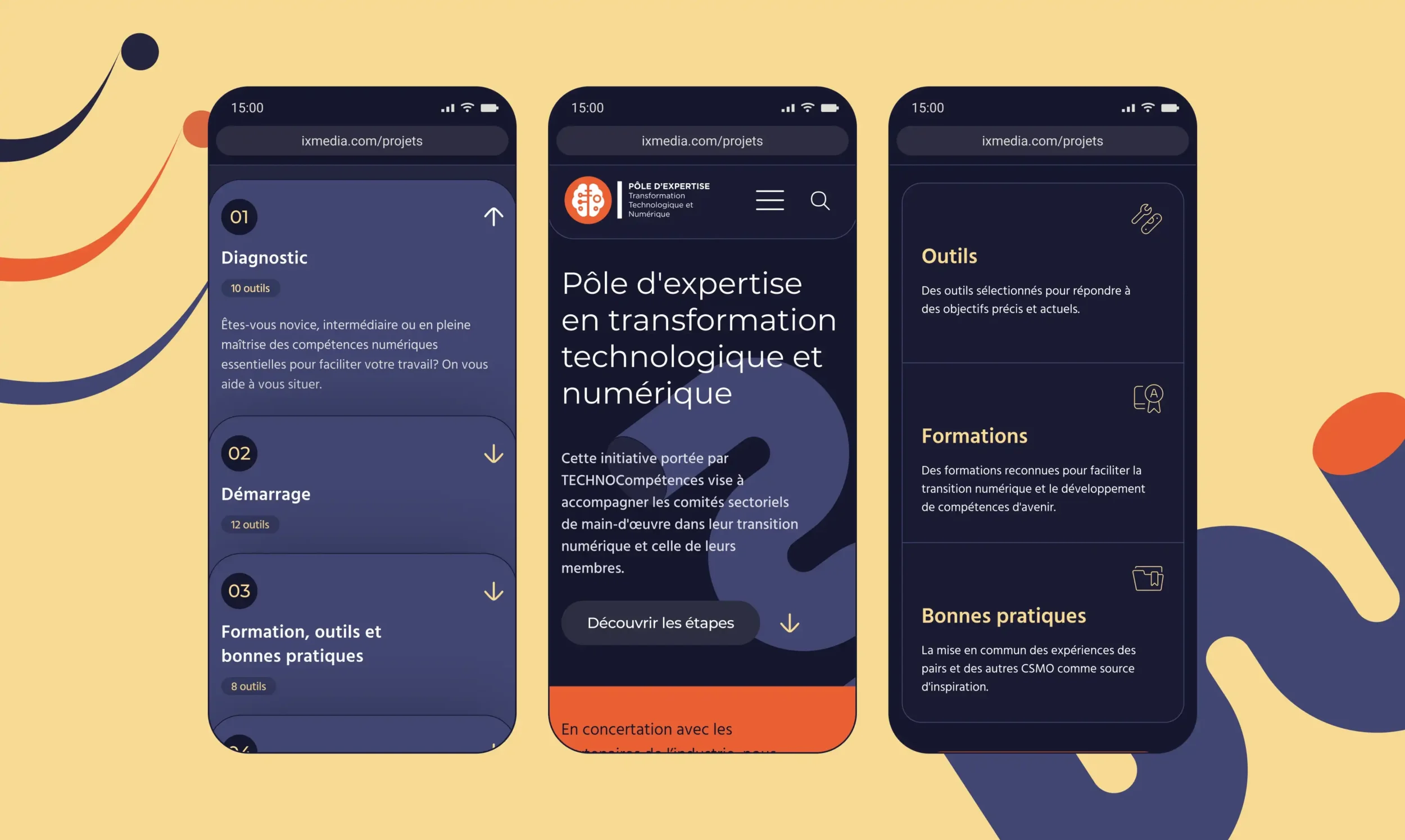 Maquette format mobile de différentes interfaces sur le site du Pôle d’expertise en transformation technologique et numérique.