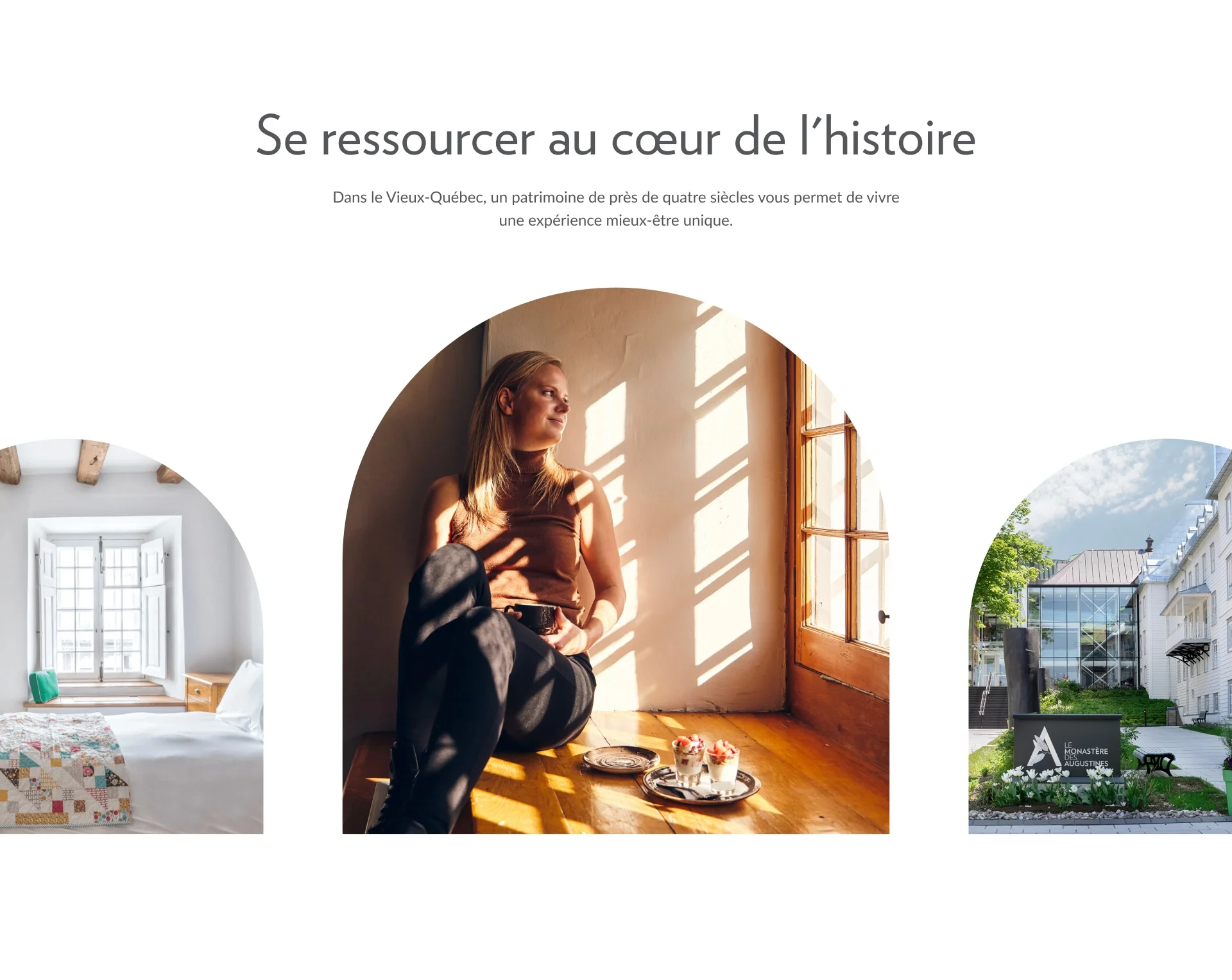 Accueil du Monastère des augustines montrant des photos des lieux dont une femme assise au bord de la fenêtre sous le soleil.