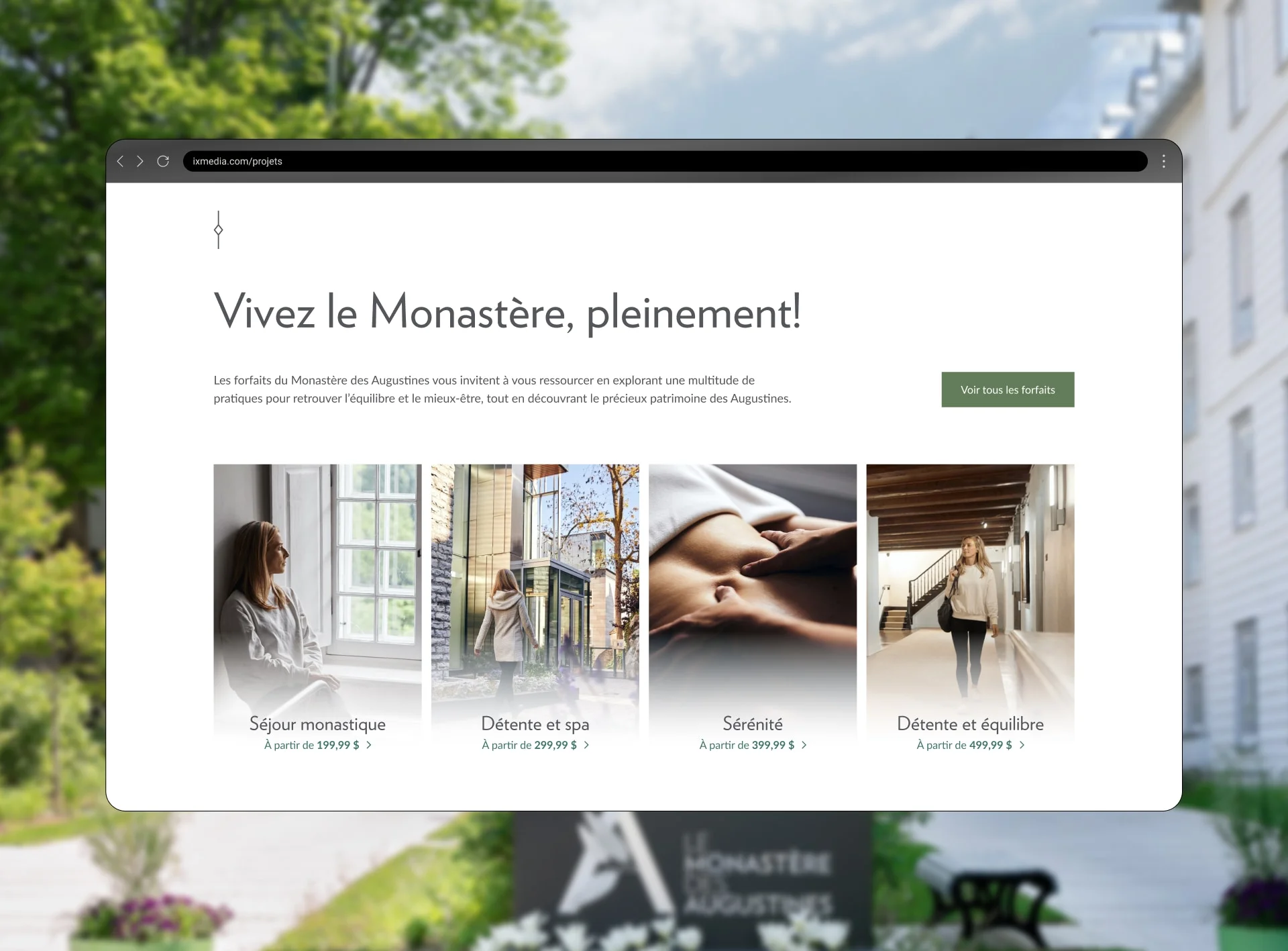 Interface montrant les différentes activités possibles au Monastère des augustines.