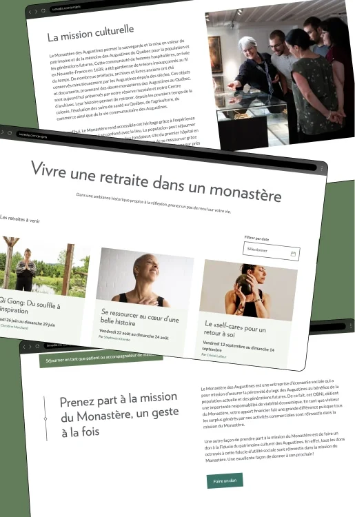 Interfaces du site du Monastère des augustines où on y voit les différentes retraites offertes.