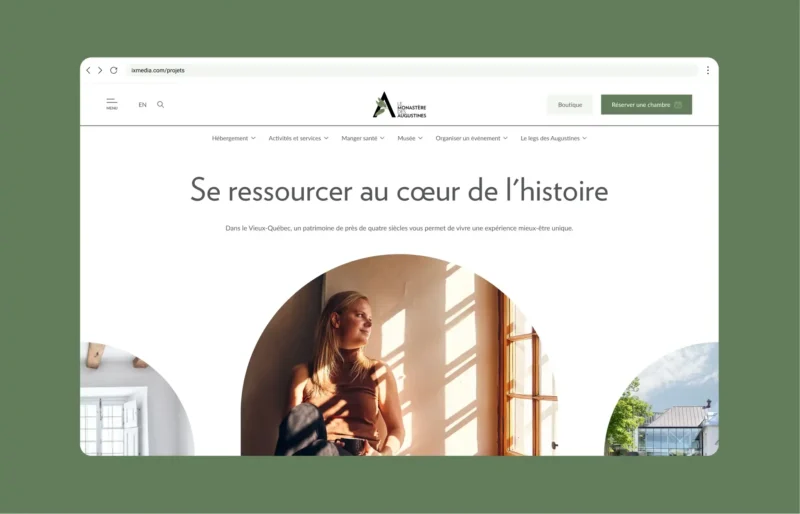 Interface montrant l'accueil du site du Monastère des augustines