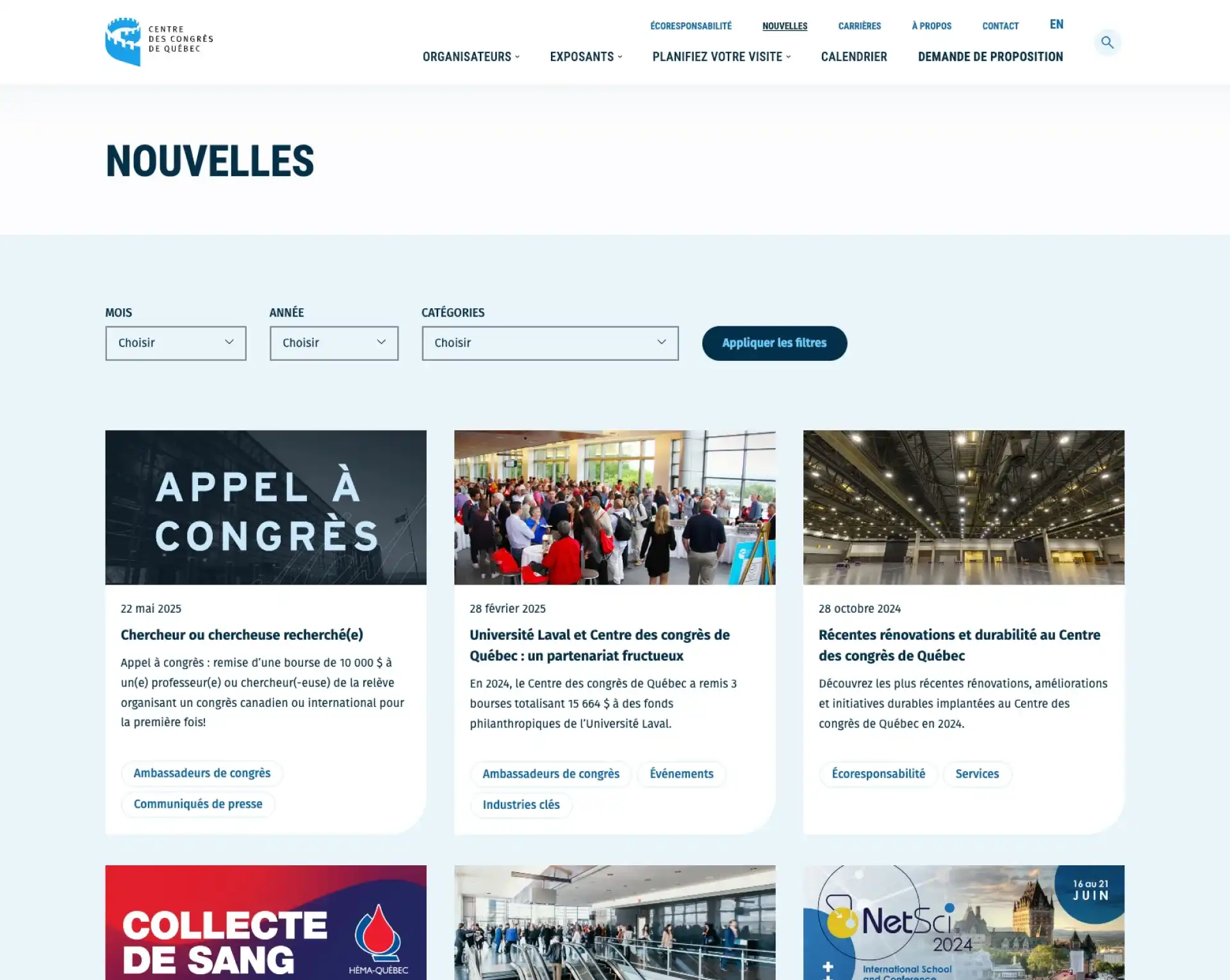 Interface montrant la page des nouvelles site du Centre des congrès de Québec.