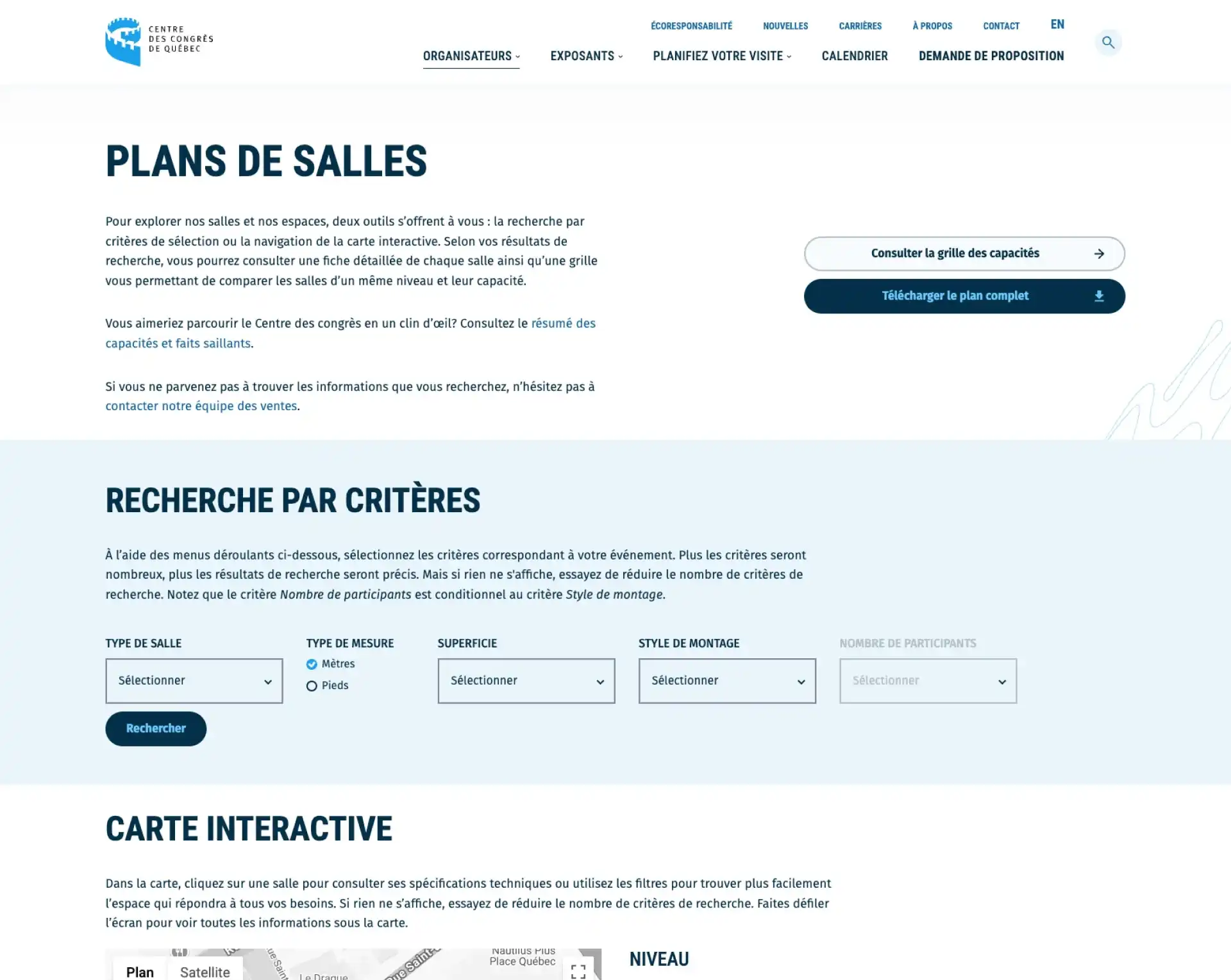 Interface montrant la page de recherche des plans des salles du Centre des congrès de Québec.
