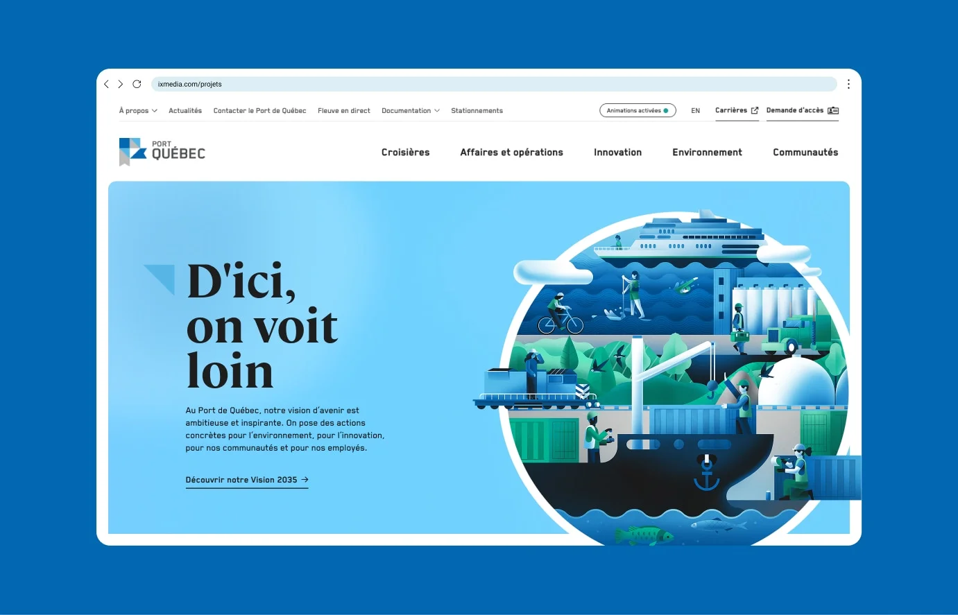 Interface montrant l'accueil du site du Port de Québec qui a une illustration des lieux.