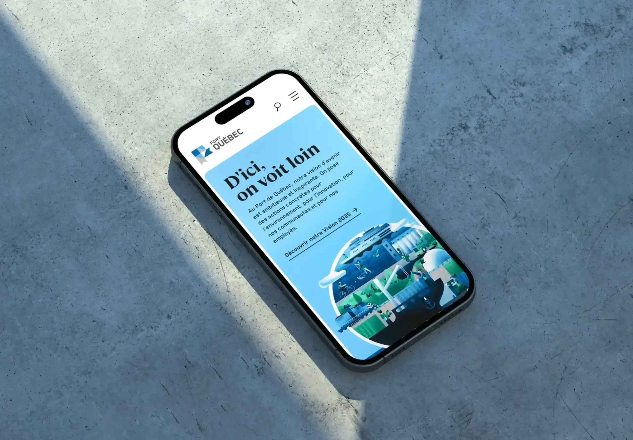 Appareil mobile montrant l'accueil du site du Port de Québec où on y voit une illustration du port.