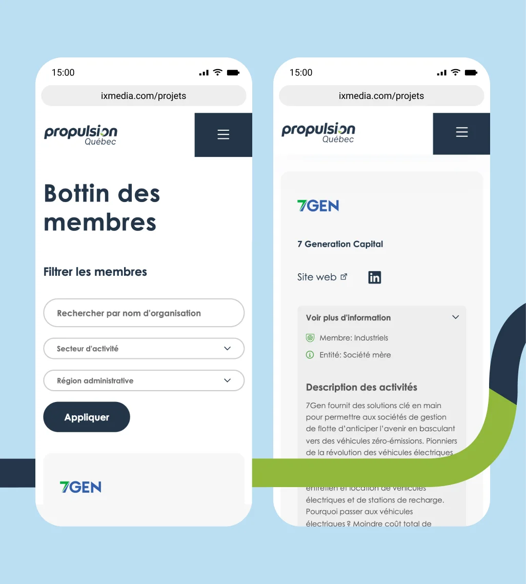Appareils mobiles montrant le bottin des membres du site Propulsion Québec