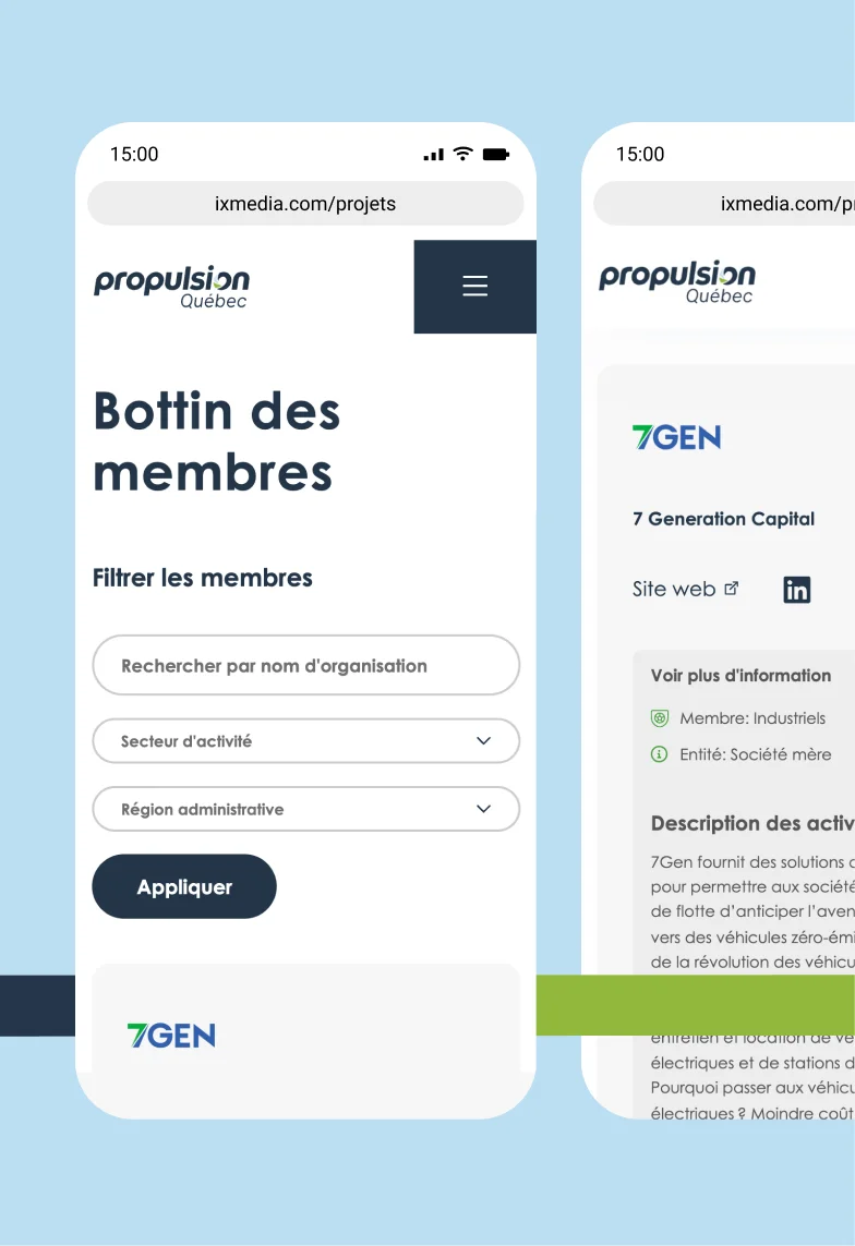 Appareils mobiles montrant le bottin des membres du site Propulsion Québec
