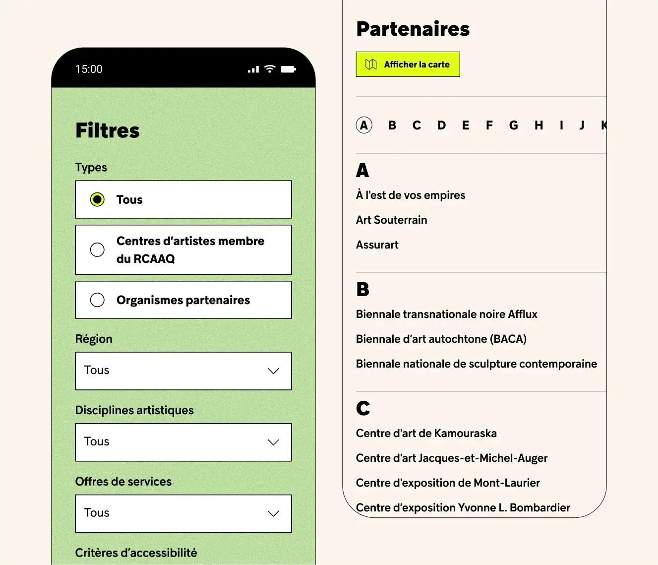 Appareils mobiles montrant les filtres du répertoire et le répertoire du site du Réseau Art Actuel.