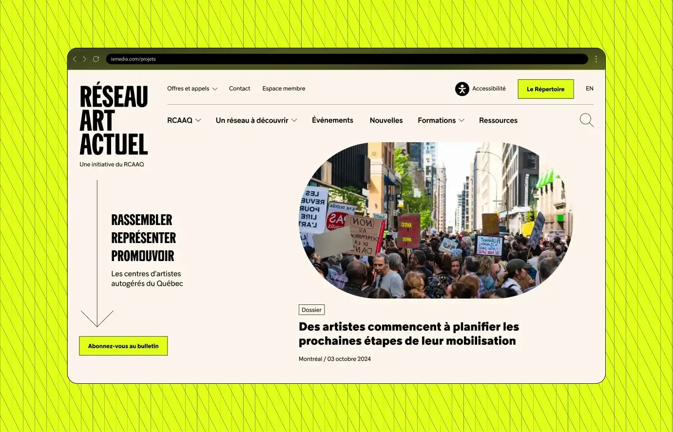 Interface de l'accueil du site du Réseau Art Actuel.