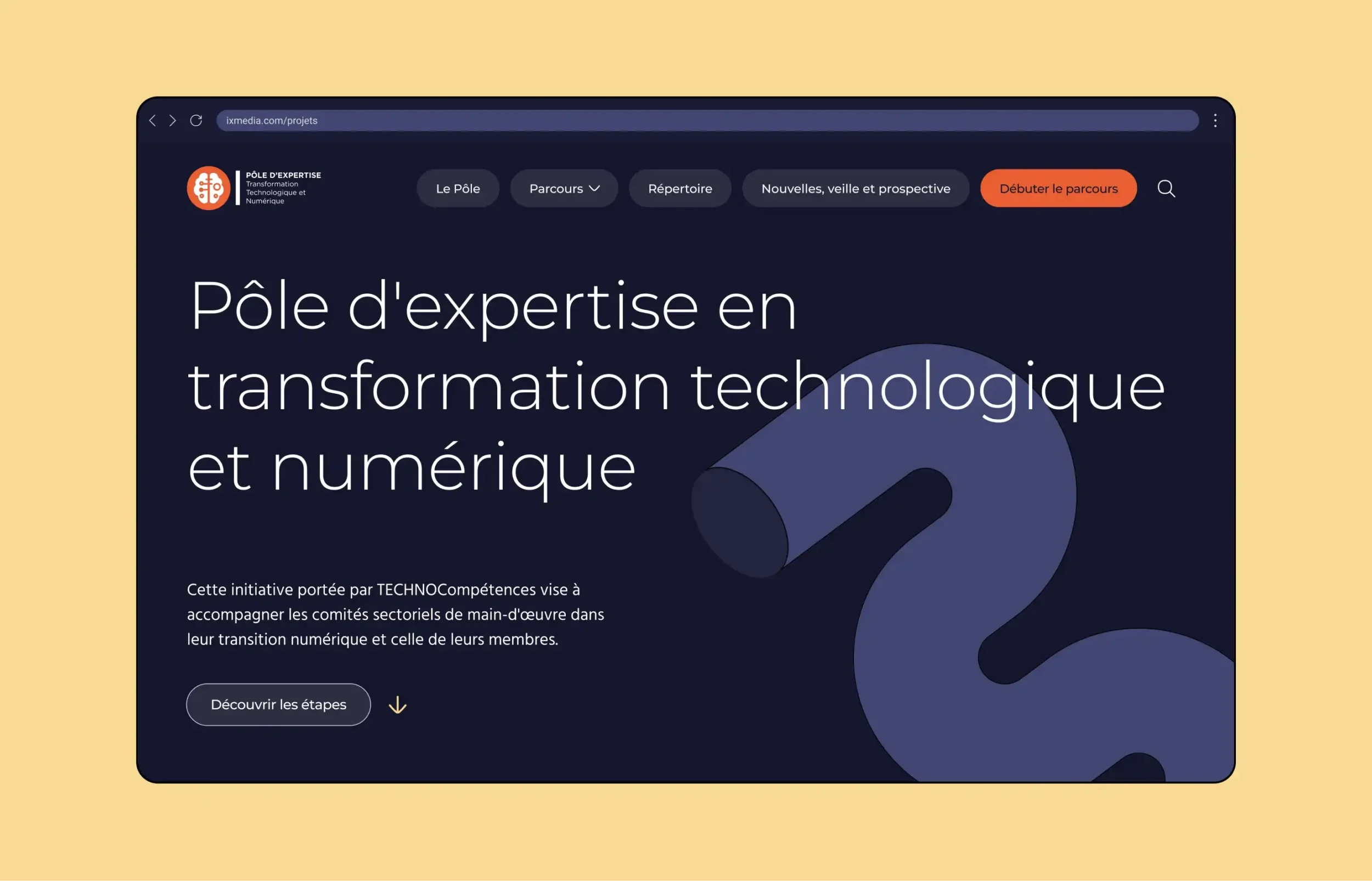 Maquette format ordinateur présentant le site du Pôle d’expertise en transformation technologique et numérique.