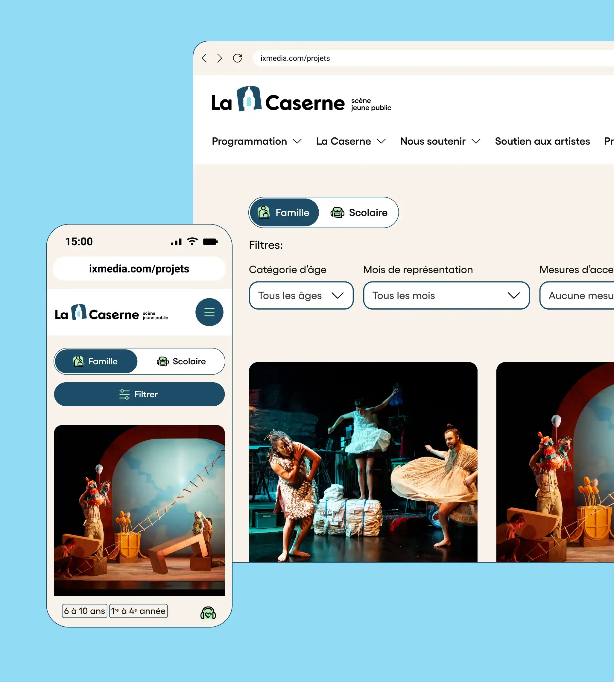 Maquette format mobile et ordinateur présentant les filtres dans la page de programmation sur le site de La Caserne.