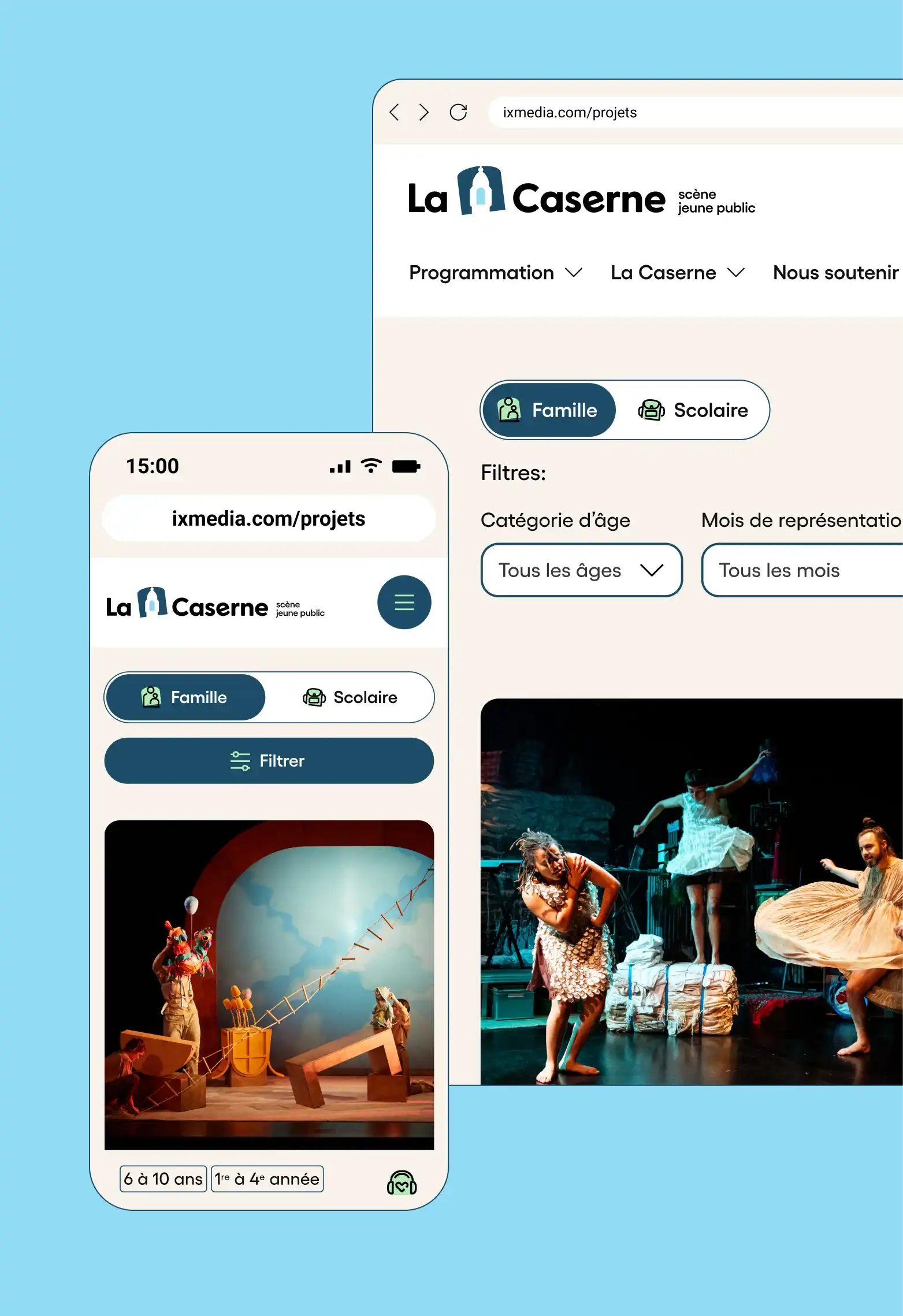 Maquette format mobile et ordinateur présentant les filtres dans la page de programmation sur le site de La Caserne.
