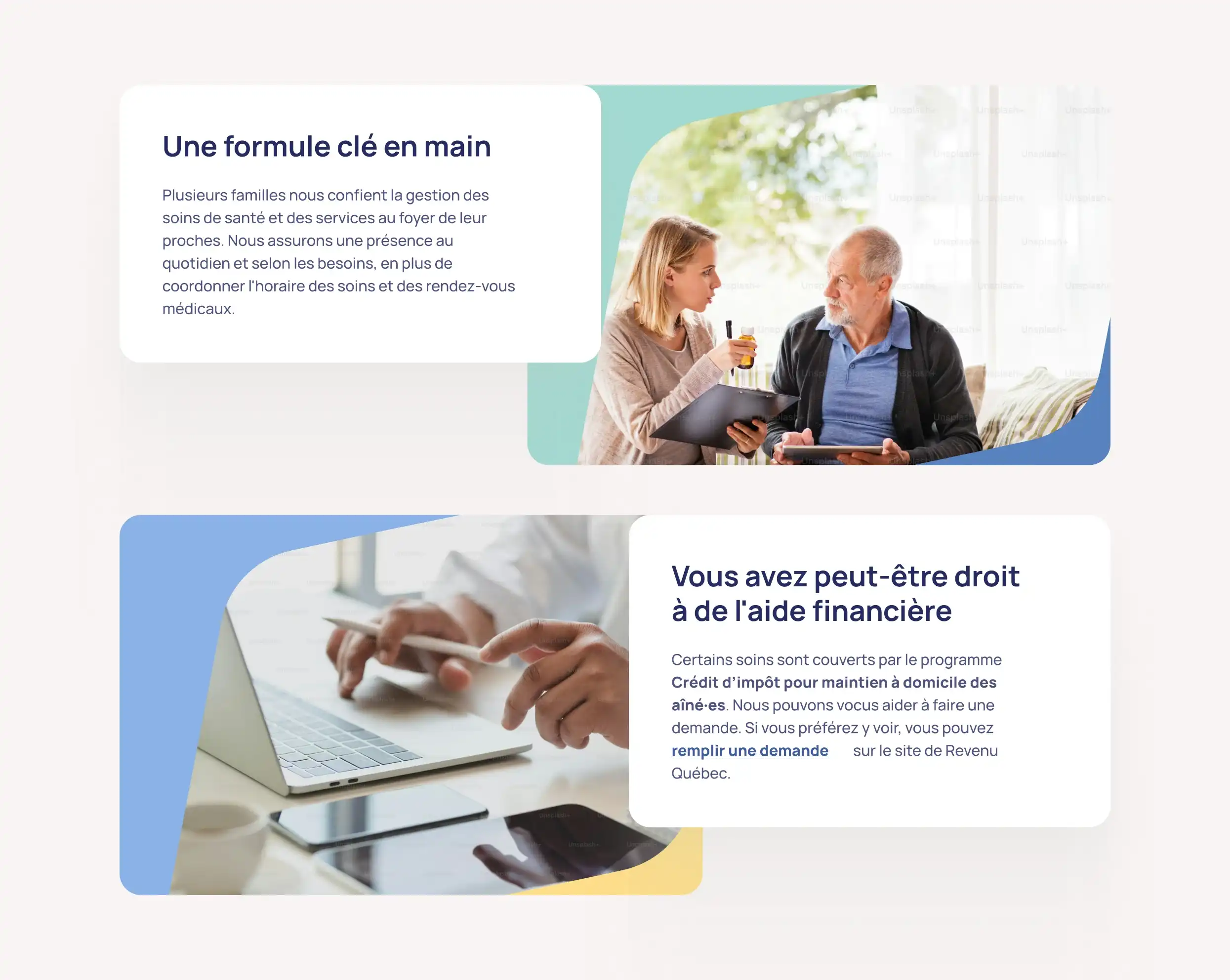 Maquette présentant différents styles de blocs sur le site de Soins santé MD.