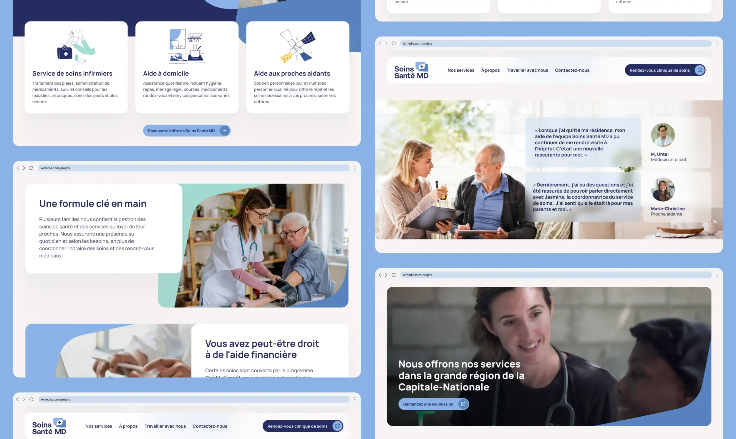 Mosaïque de maquette taille ordinateur présentant les interfaces de Soins santé MD.