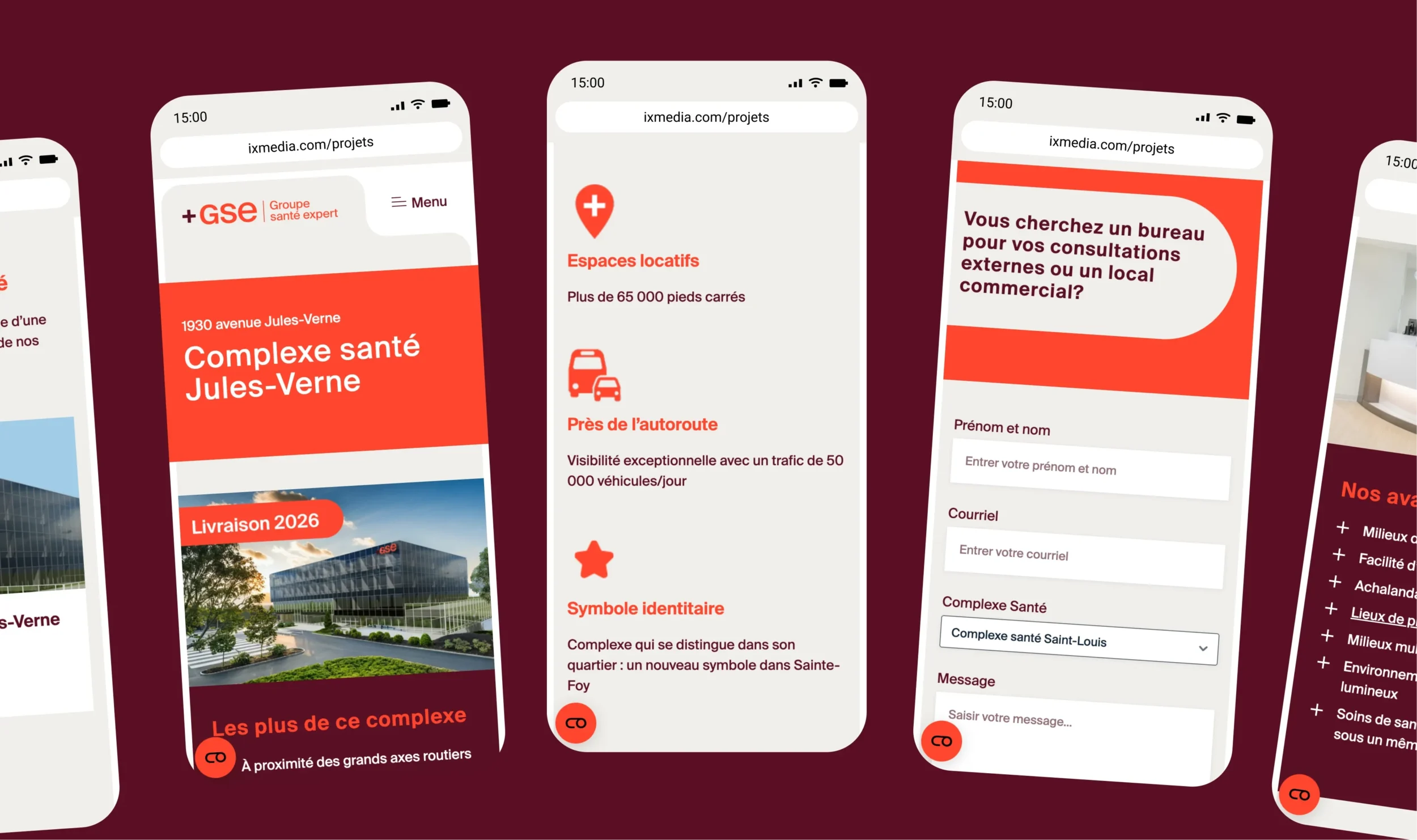 Maquette qui présente les différentes interfaces du Groupe santé expert.