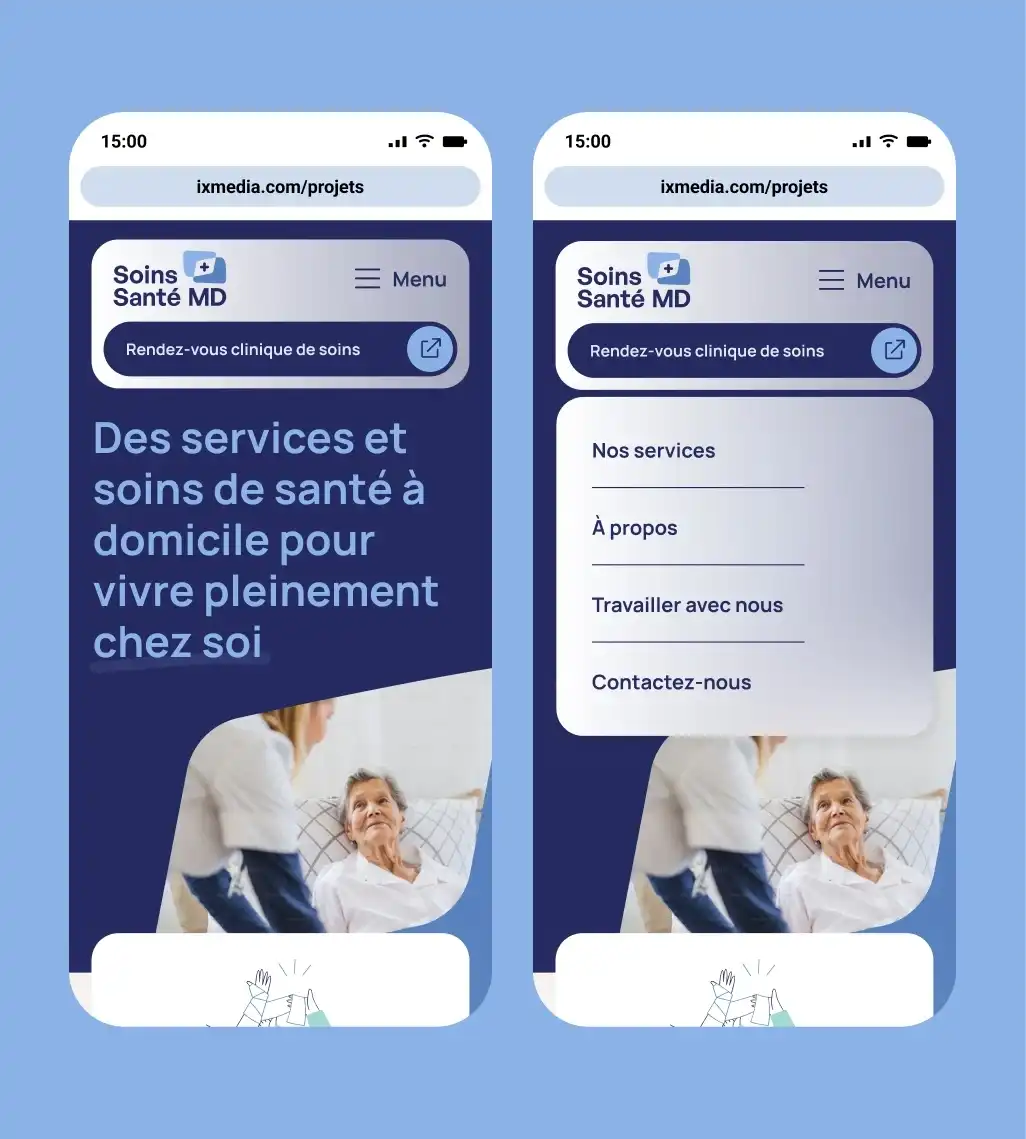 2 appareils mobiles montrant le menu ouvert et fermé de Soins de santé MD.
