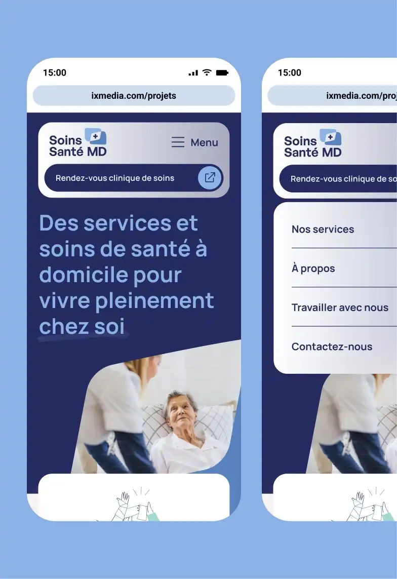 2 appareils mobiles montrant le menu ouvert et fermé de Soins de santé MD.