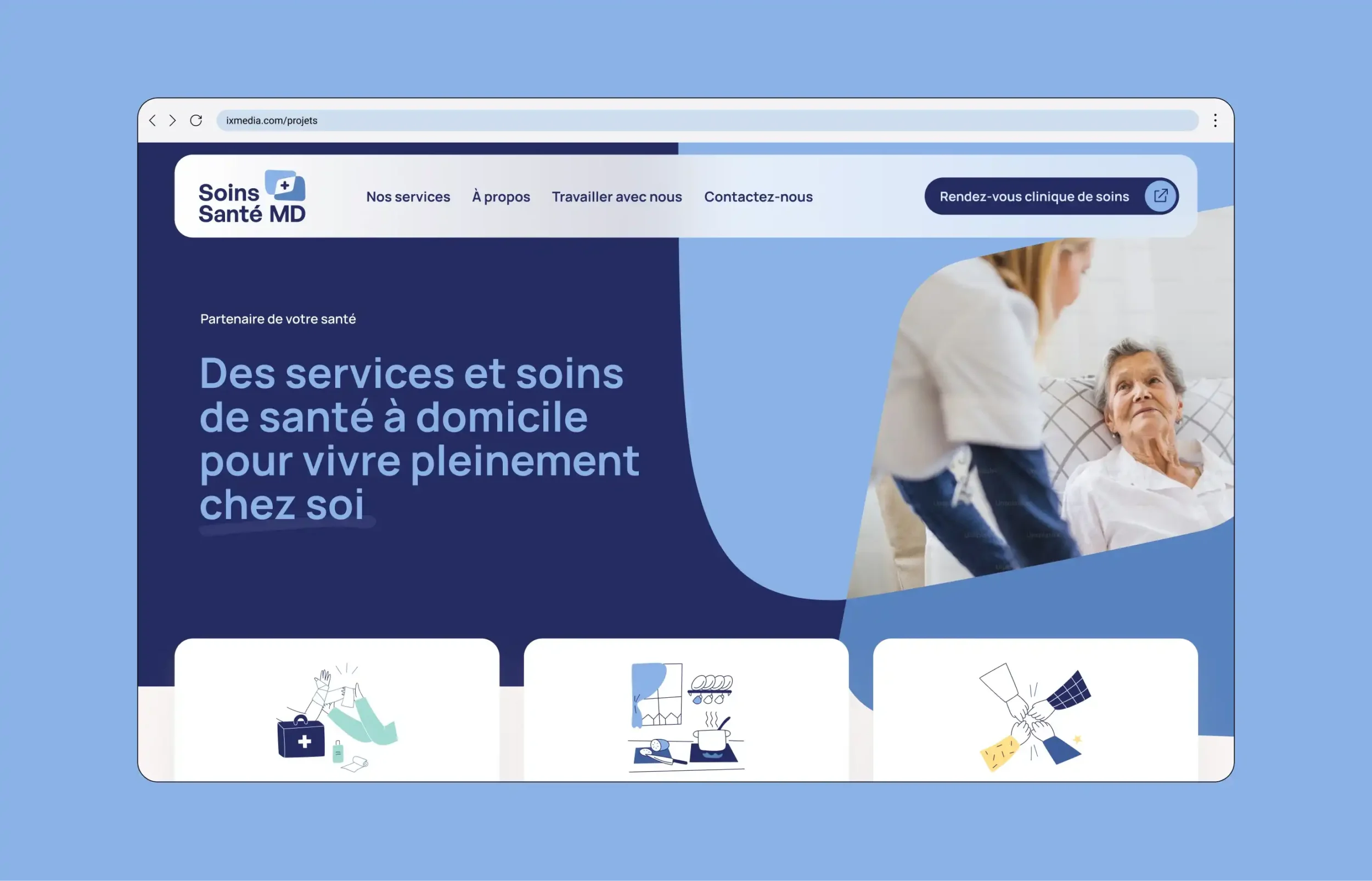 Aperçu d'une maquette présentant l'accueil du site de Soins santé MD.