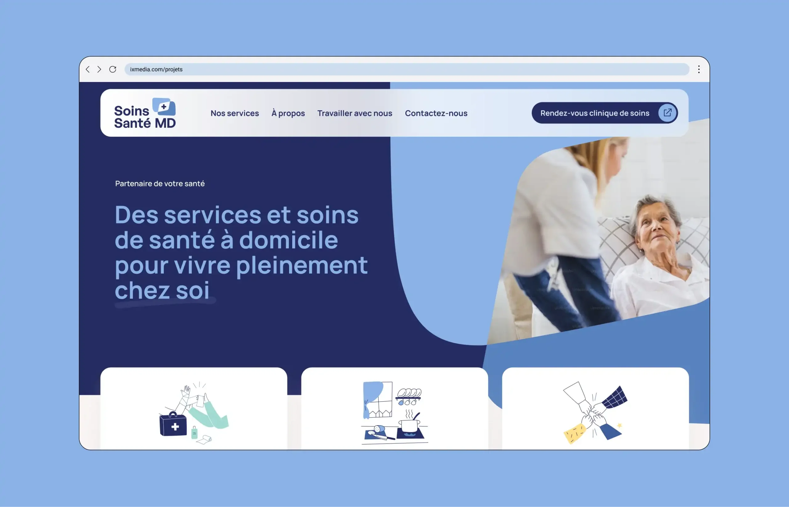 Aperçu d'une maquette présentant l'accueil du site de Soins santé MD.