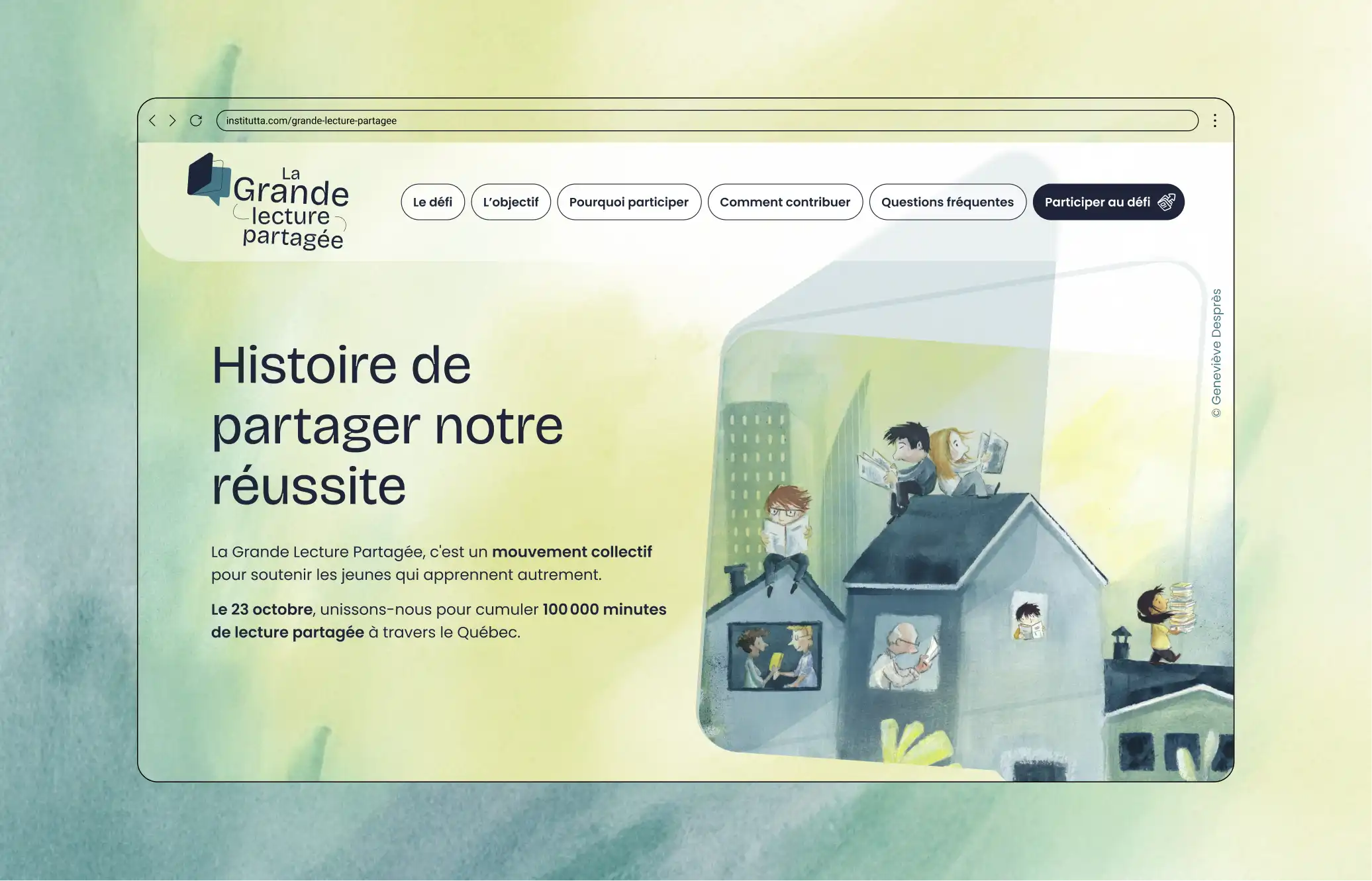 Maquette format ordinateur présentant la page d'accueil du site de La Grande lecture partagée.