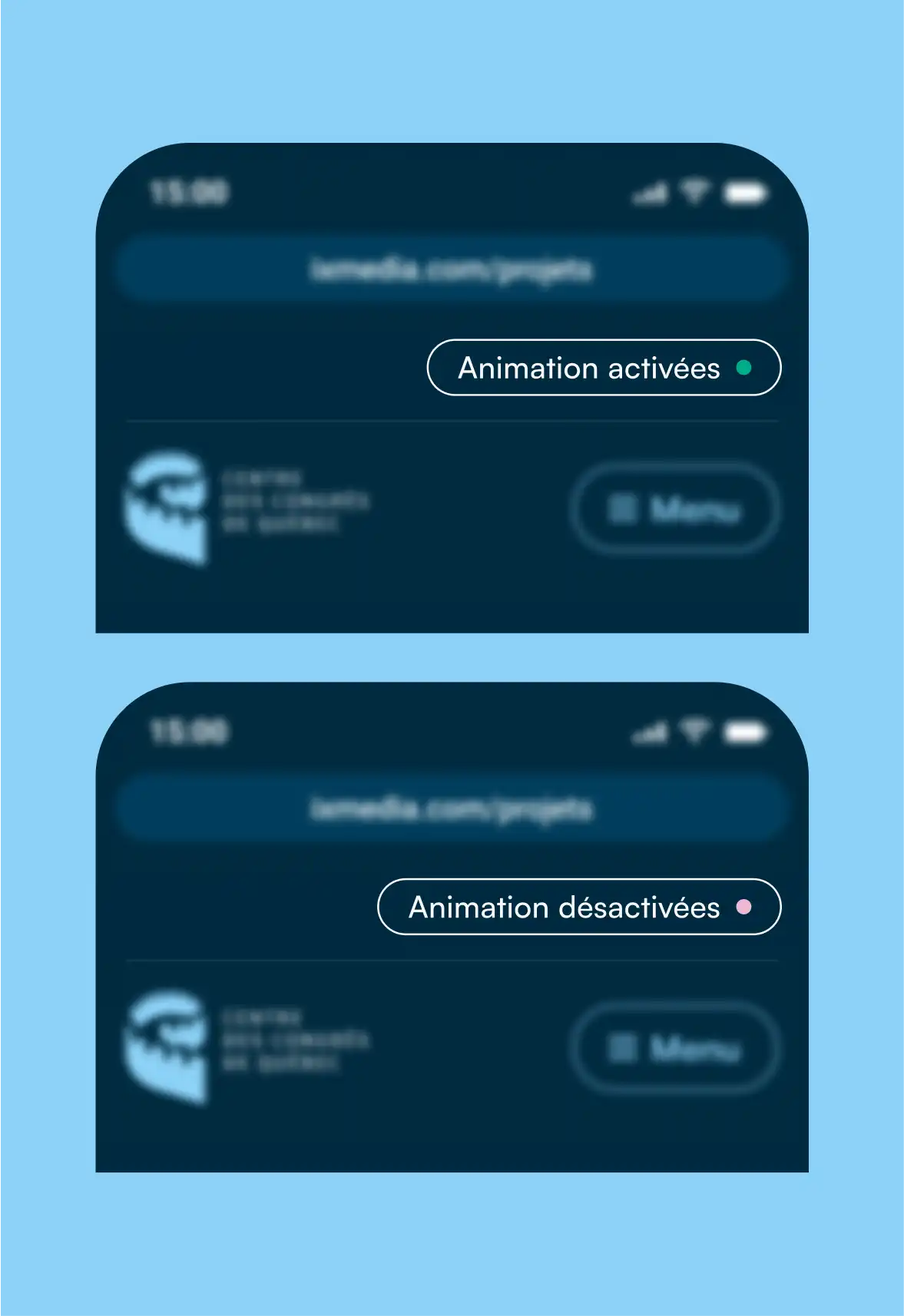 Maquette présentant le bouton qui offre l'option d'activer ou de désactiver les animations à travers le site web de Tout sauf conventionnel.