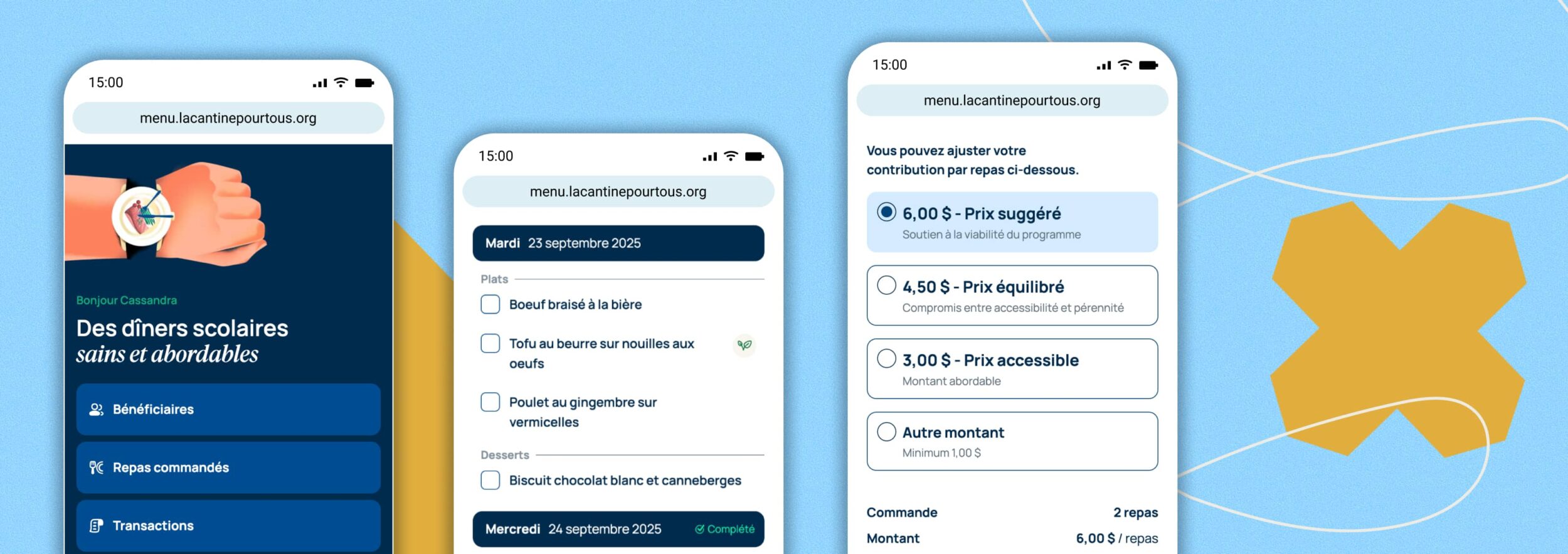3 écrans mobiles qui présente le site de la Cantine.