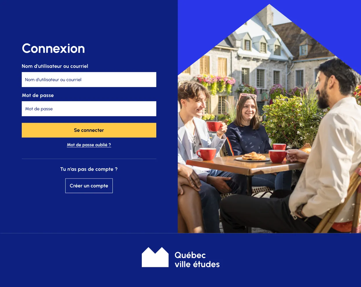 Maquette présentant l'interface de connexion à l'application web de Québec ville études