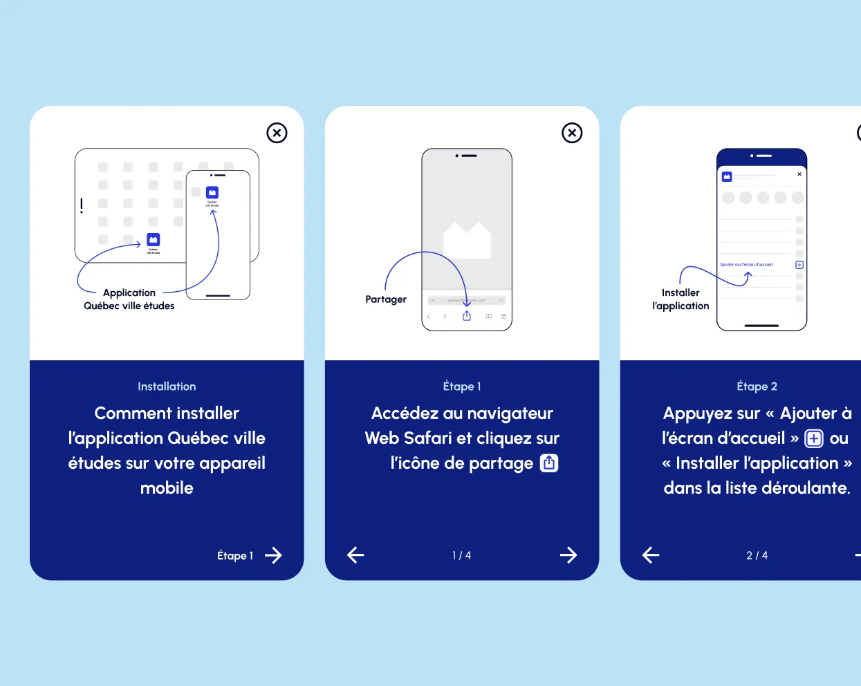 Maquette présentant les instructions pour installer l'application web de l'application web de Québec ville études