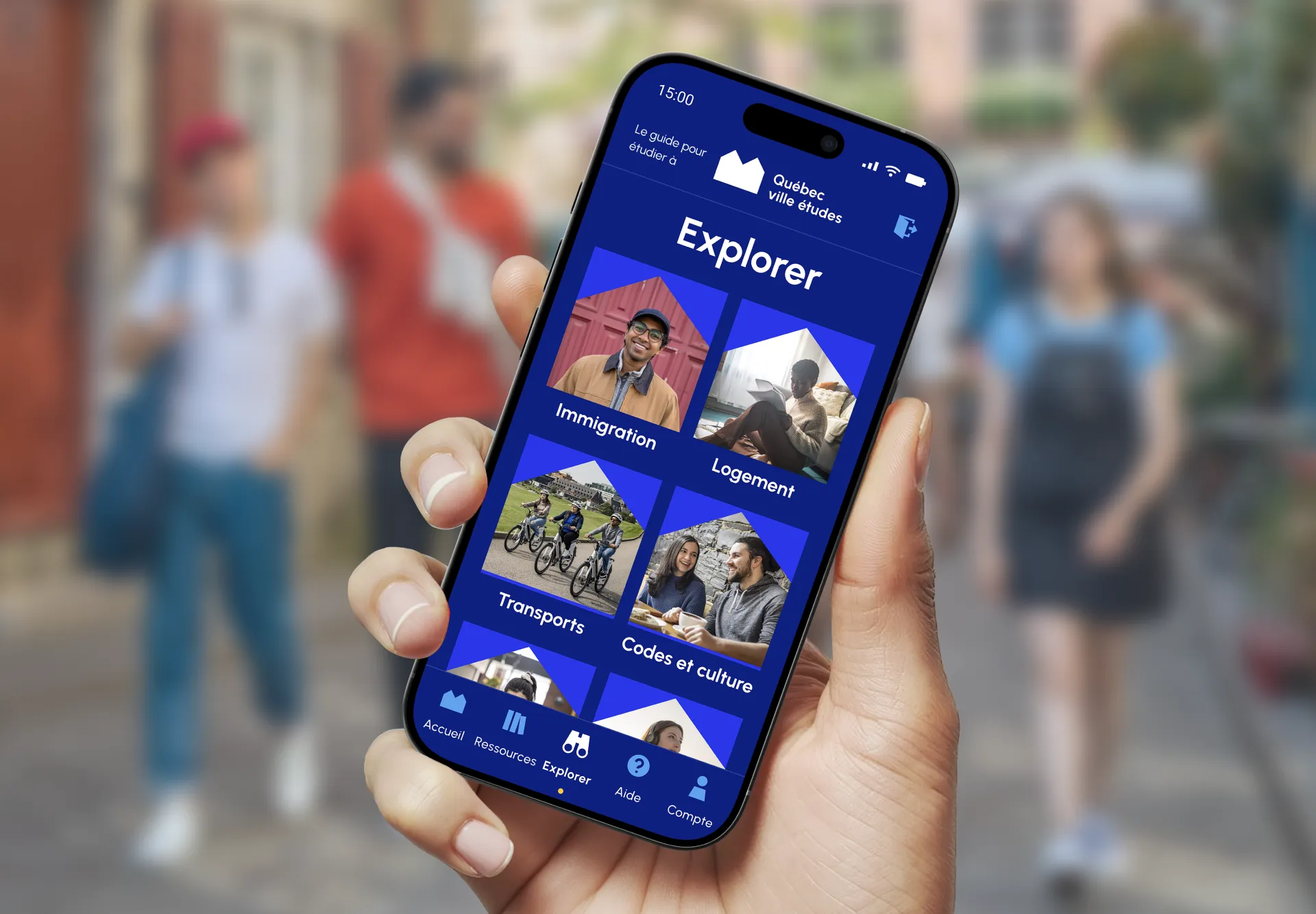 Maquette présentant un aperçu de l'application mobile de Québec ville études