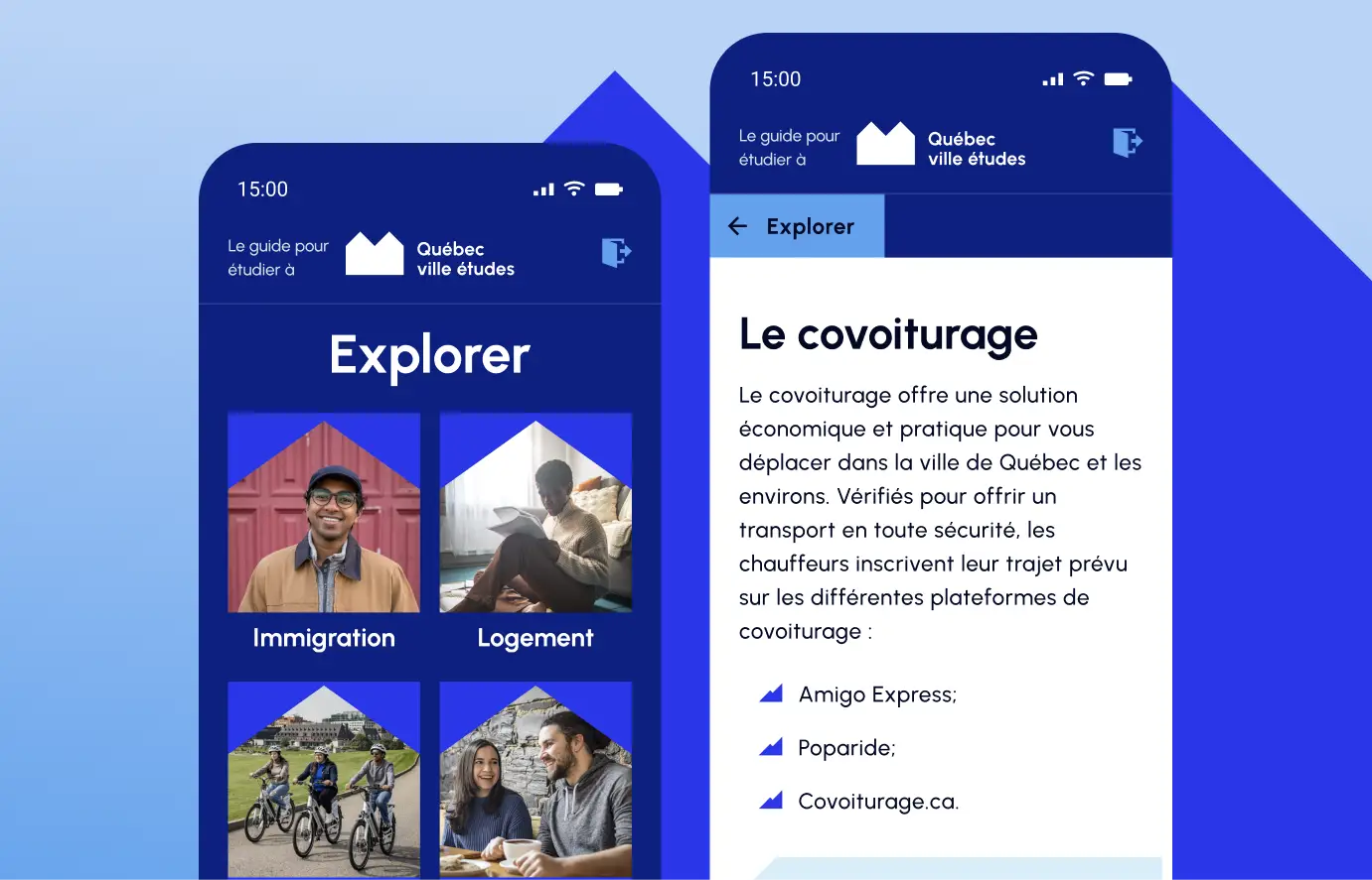 Aperçu des interfaces de l'application mobile Québec ville études