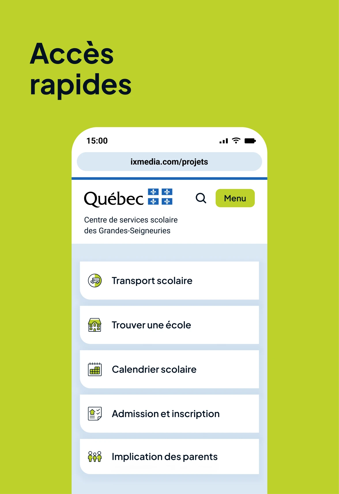 Aperçu des accès rapides sur le site du Centre de services scolaire des Grandes-Seigneuries.