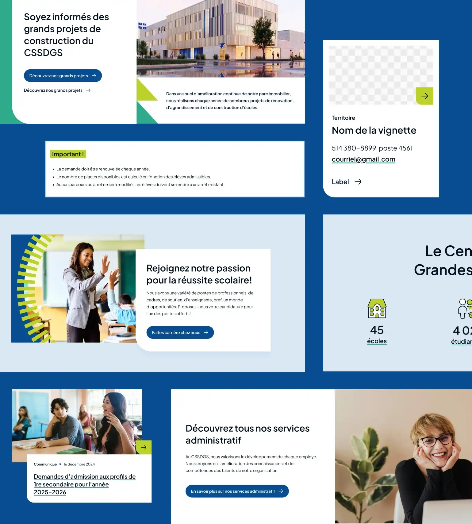 Aperçu des blocs réutilisables sur le site du Centre de services scolaire des Grandes-Seigneuries.