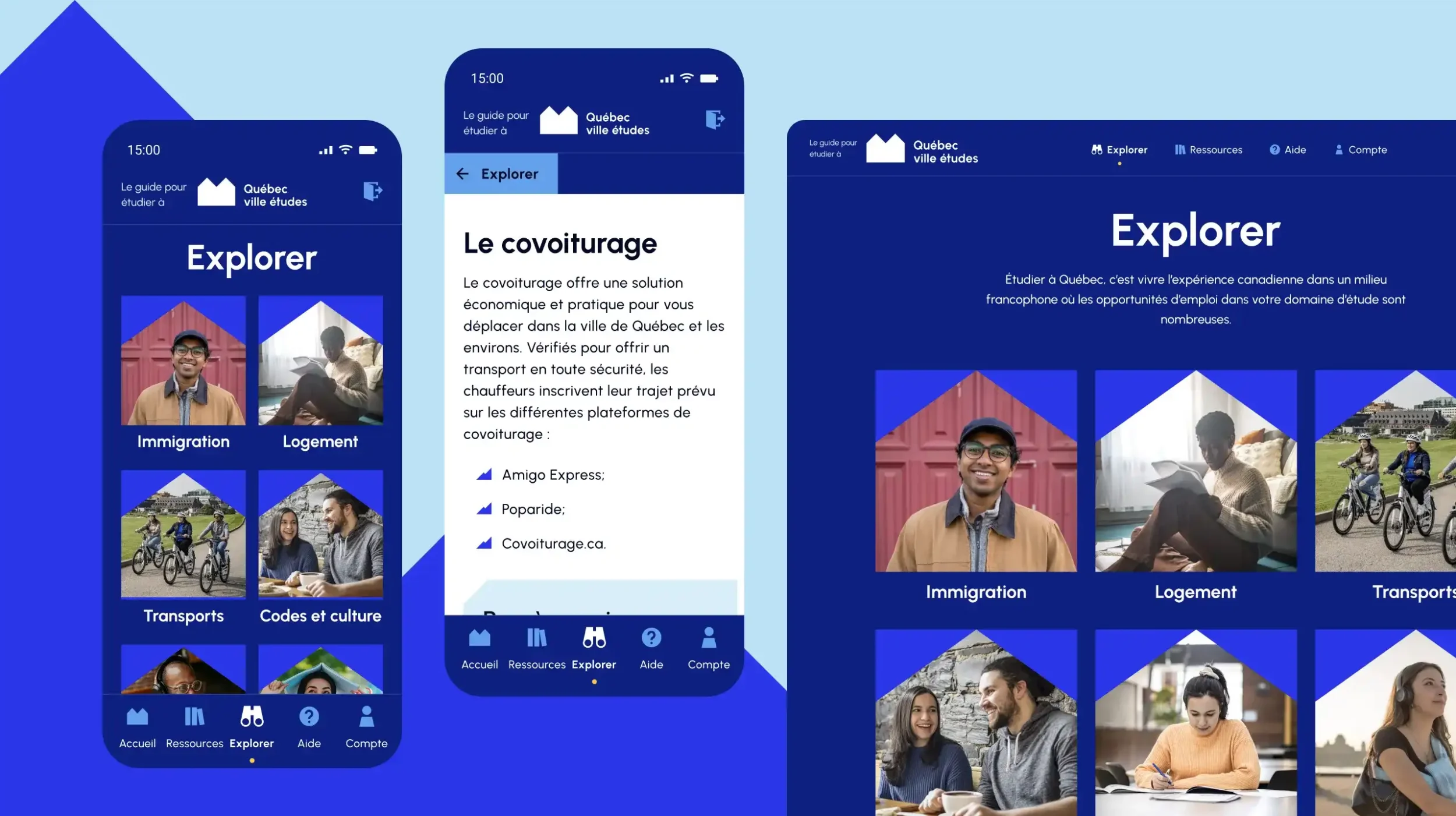 Maquette présentant les interfaces mobile et desktop de la section Explorer de l'application web de Québec ville études