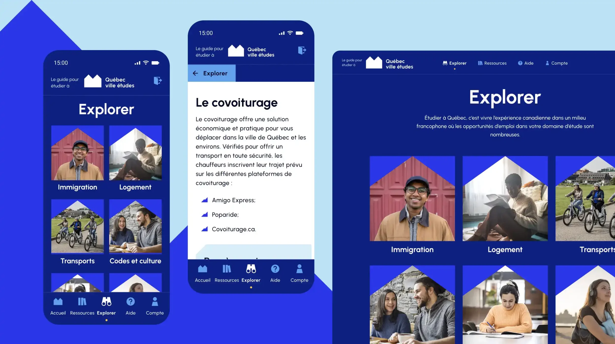 Maquette présentant les interfaces mobile et desktop de la section Explorer de l'application web de Québec ville études