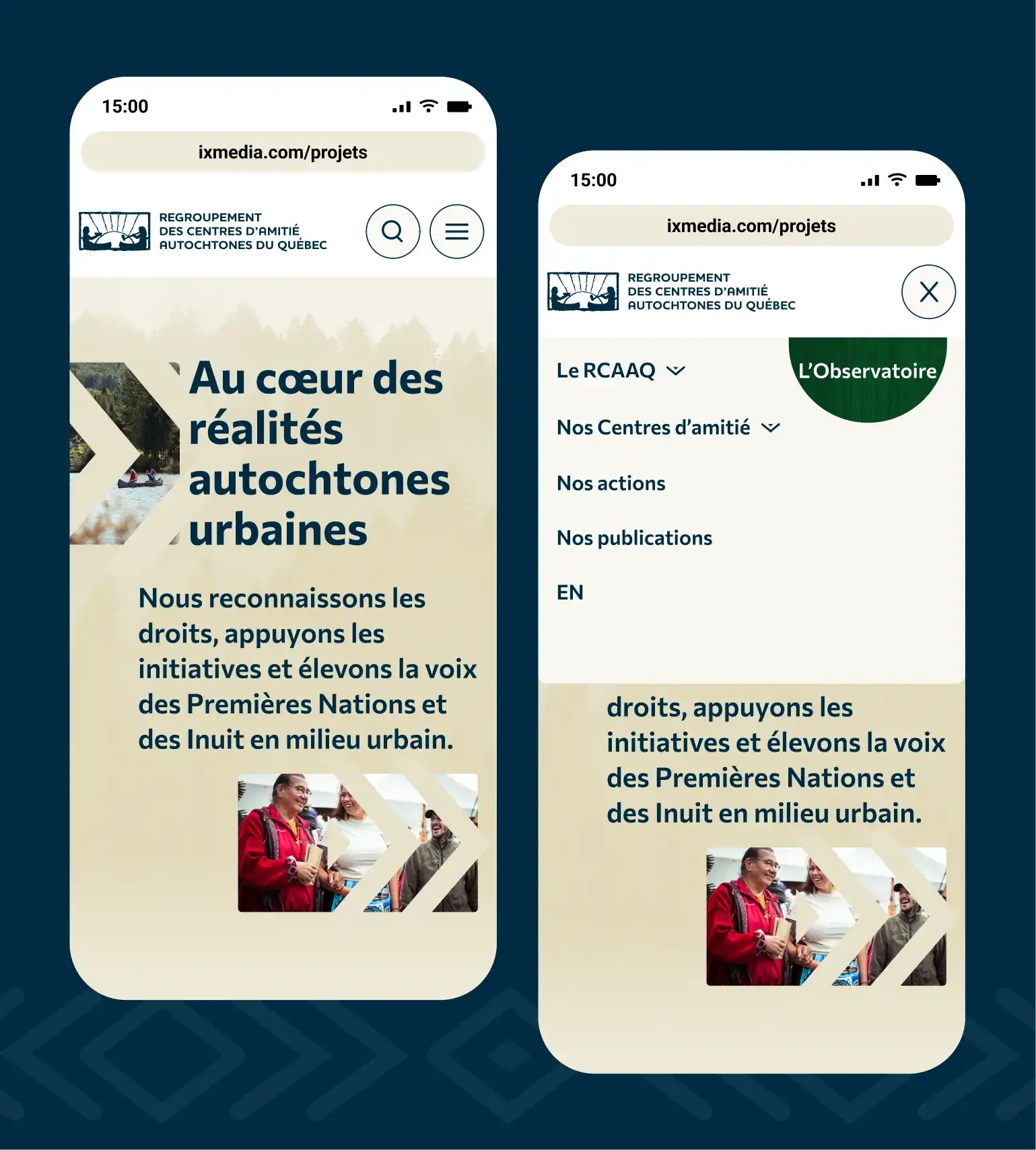 Maquette mobile du menu fermé et ouvert du site du Regroupement des centres d'amitié autochtones du Québec.