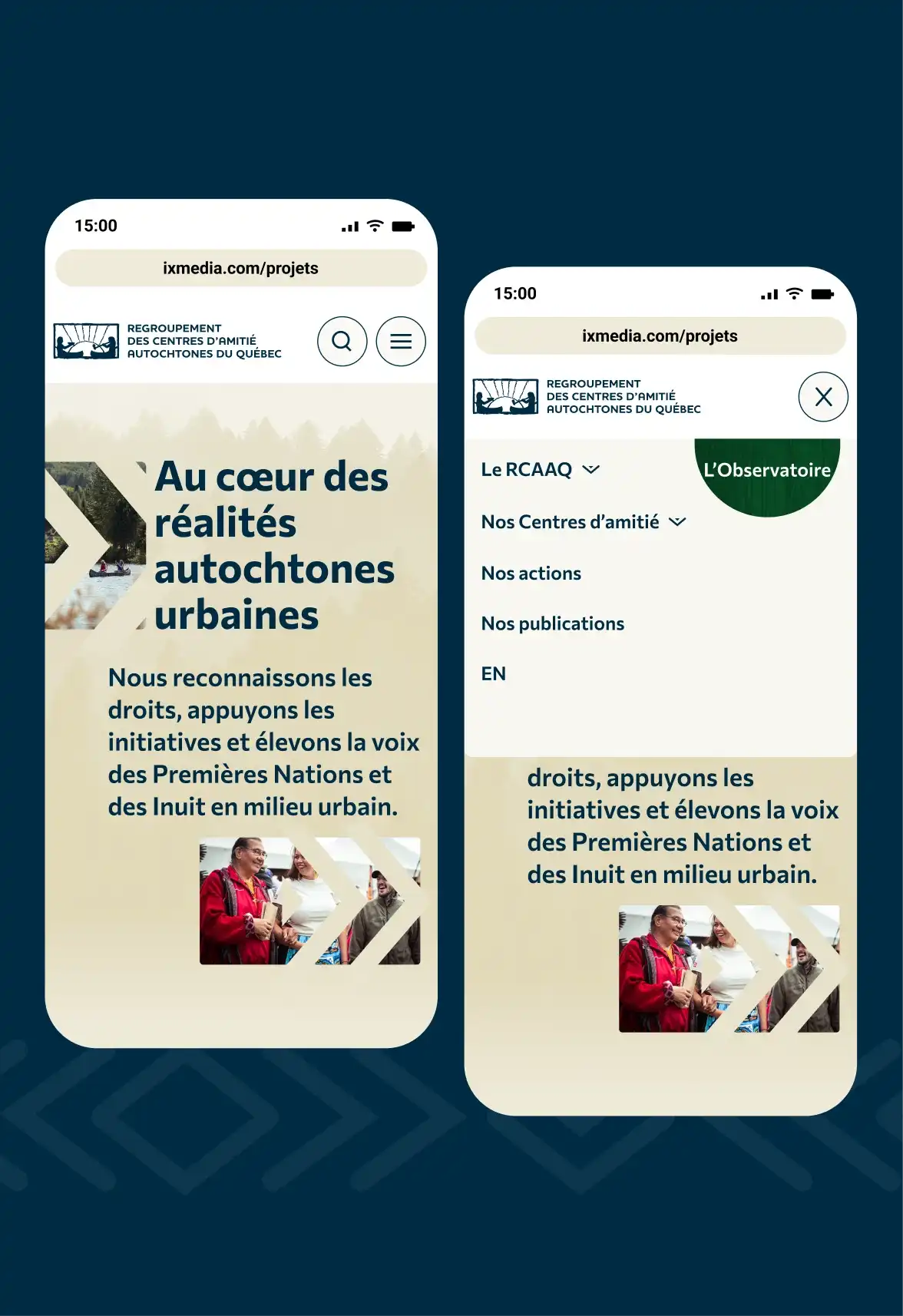 Maquette mobile du menu fermé et ouvert du site du Regroupement des centres d'amitié autochtones du Québec.