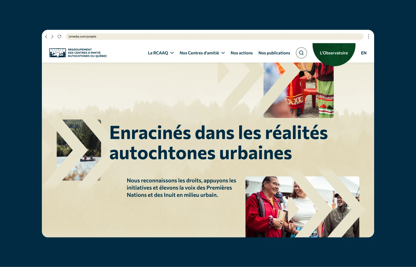 Aperçu de la maquette présentant la page d'accueil de Regroupement des centres d'amitié autochtones du Québec.