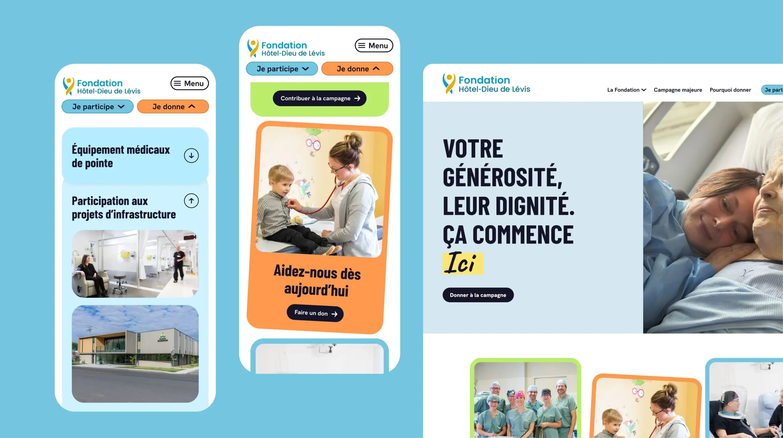 Image présentant trois interfaces du site de la Fondation Hôtel-Dieu de Lévis.