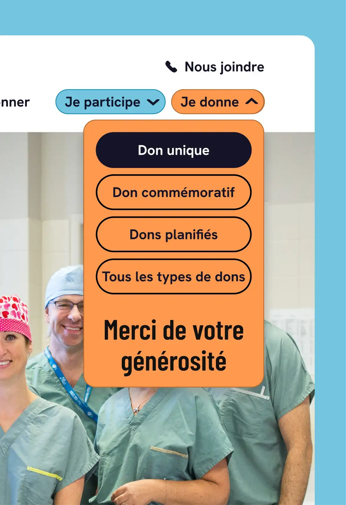 Maquette présentant le menu présentant toutes les façons de contribuer à la Fondation de l'Hôtel-Dieu de Lévis.