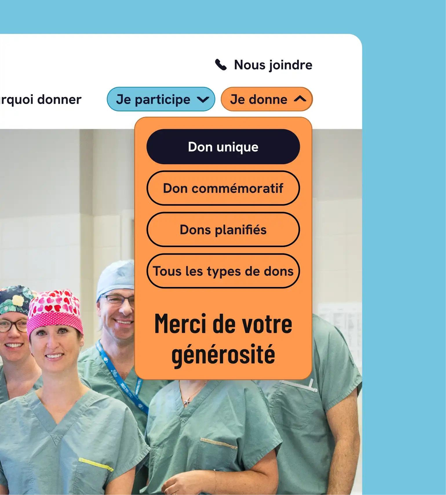 Maquette présentant le menu présentant toutes les façons de contribuer à la Fondation de l'Hôtel-Dieu de Lévis.