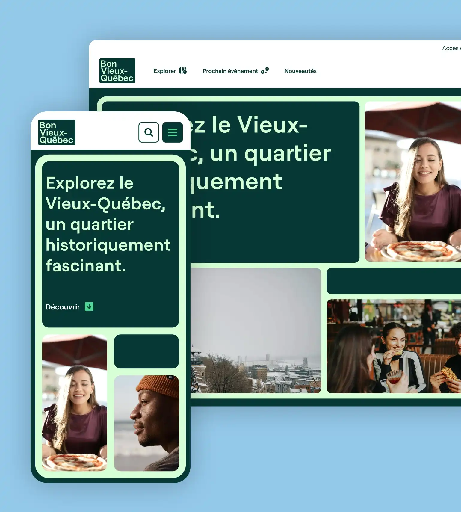 Maquette présentant l'en-tête style Bento Box de l'accueil du site web de la Société de développement commercial du Vieux-Québec.