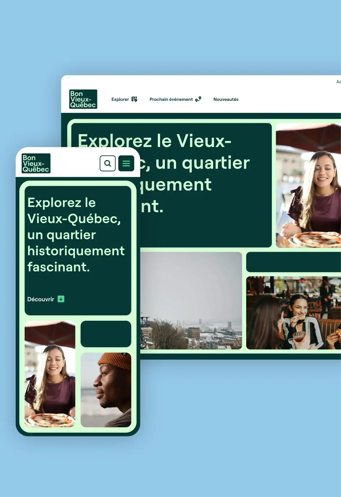 Maquette présentant l'en-tête style Bento Box de l'accueil du site web de la Société de développement commercial du Vieux-Québec.