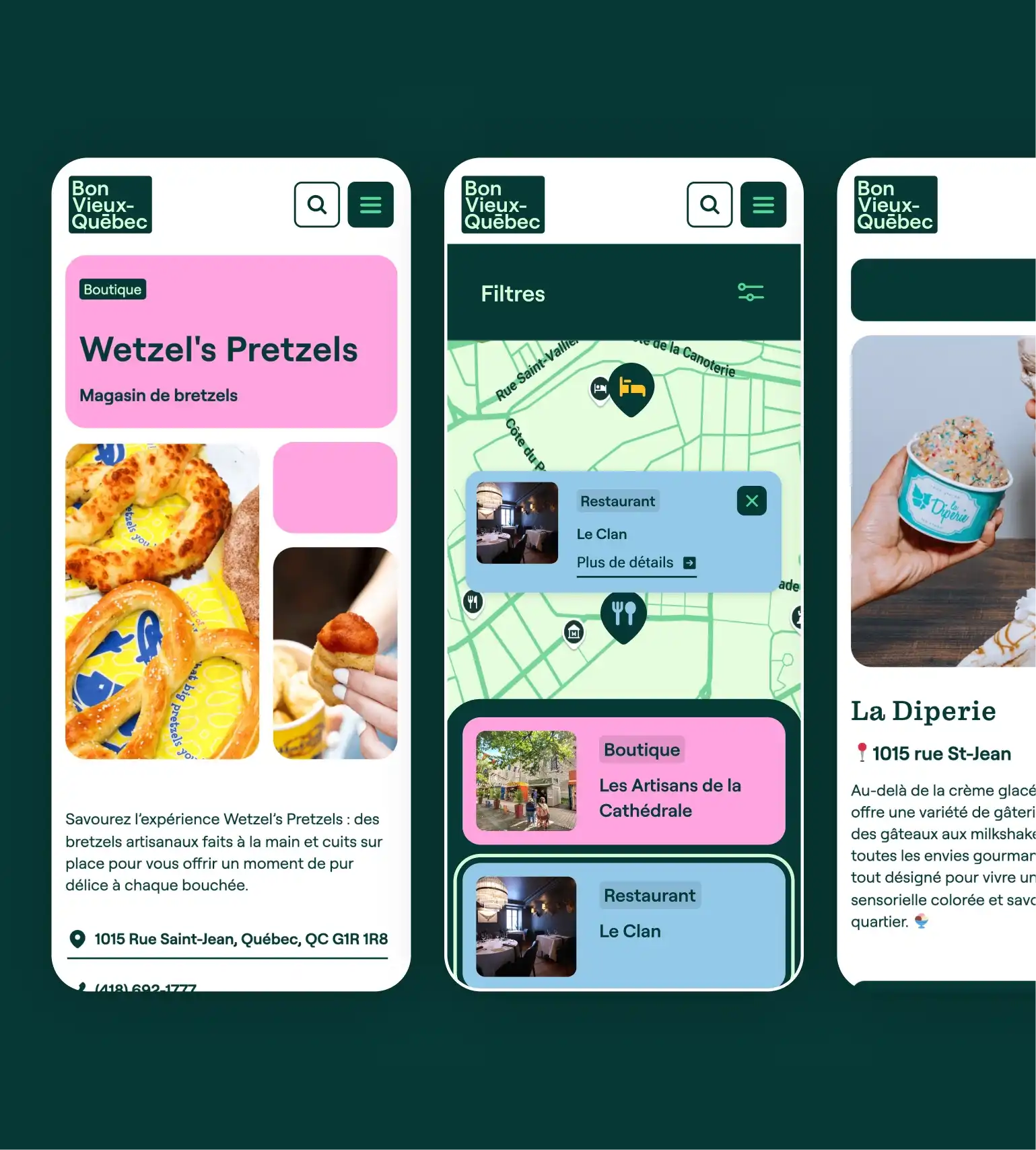 Maquette présentant les différentes interfaces sur mobile de la Société de développement commercial du Vieux-Québec.